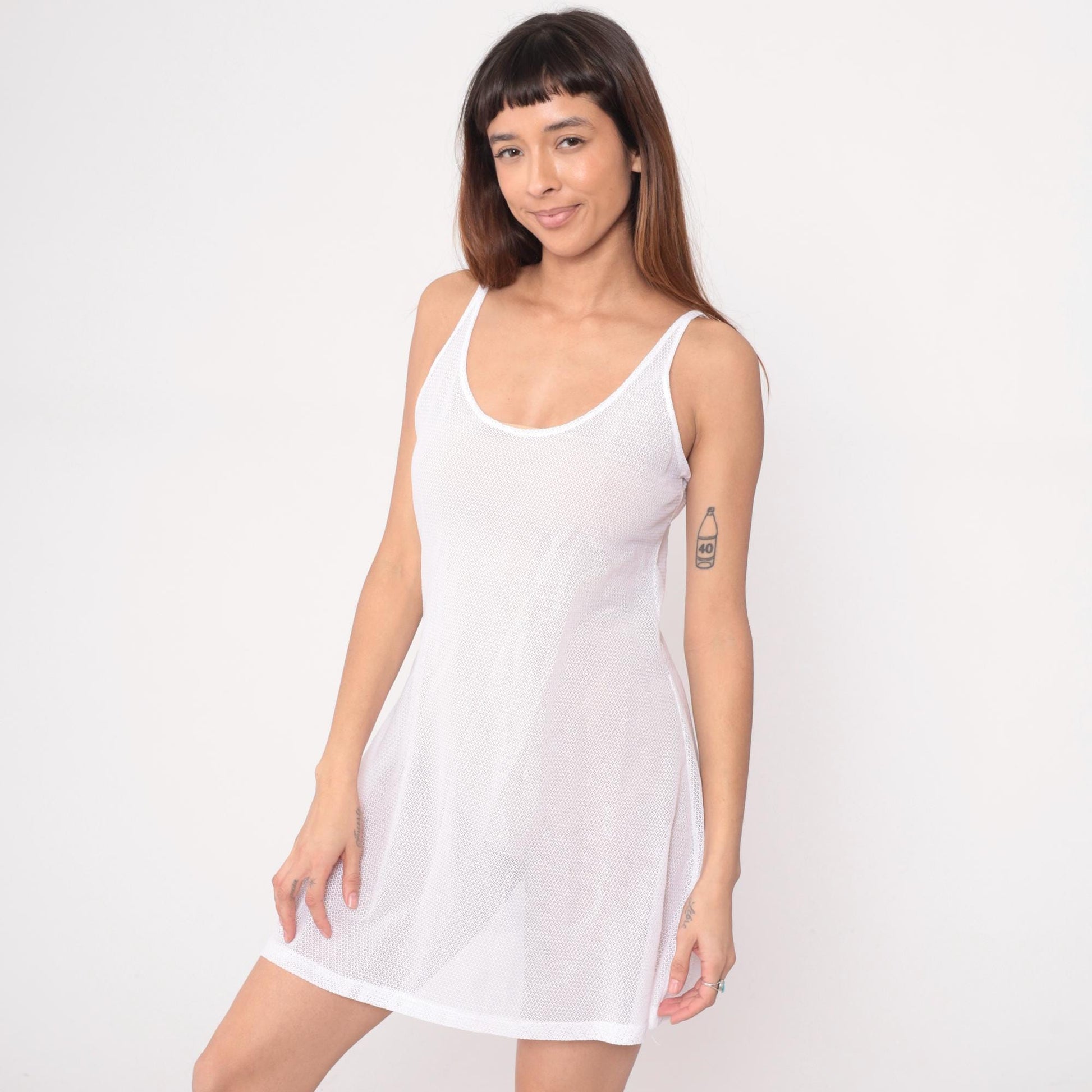 90s White Mesh Mini Dress Tank Sleeveless Scoop Neckline Medium M