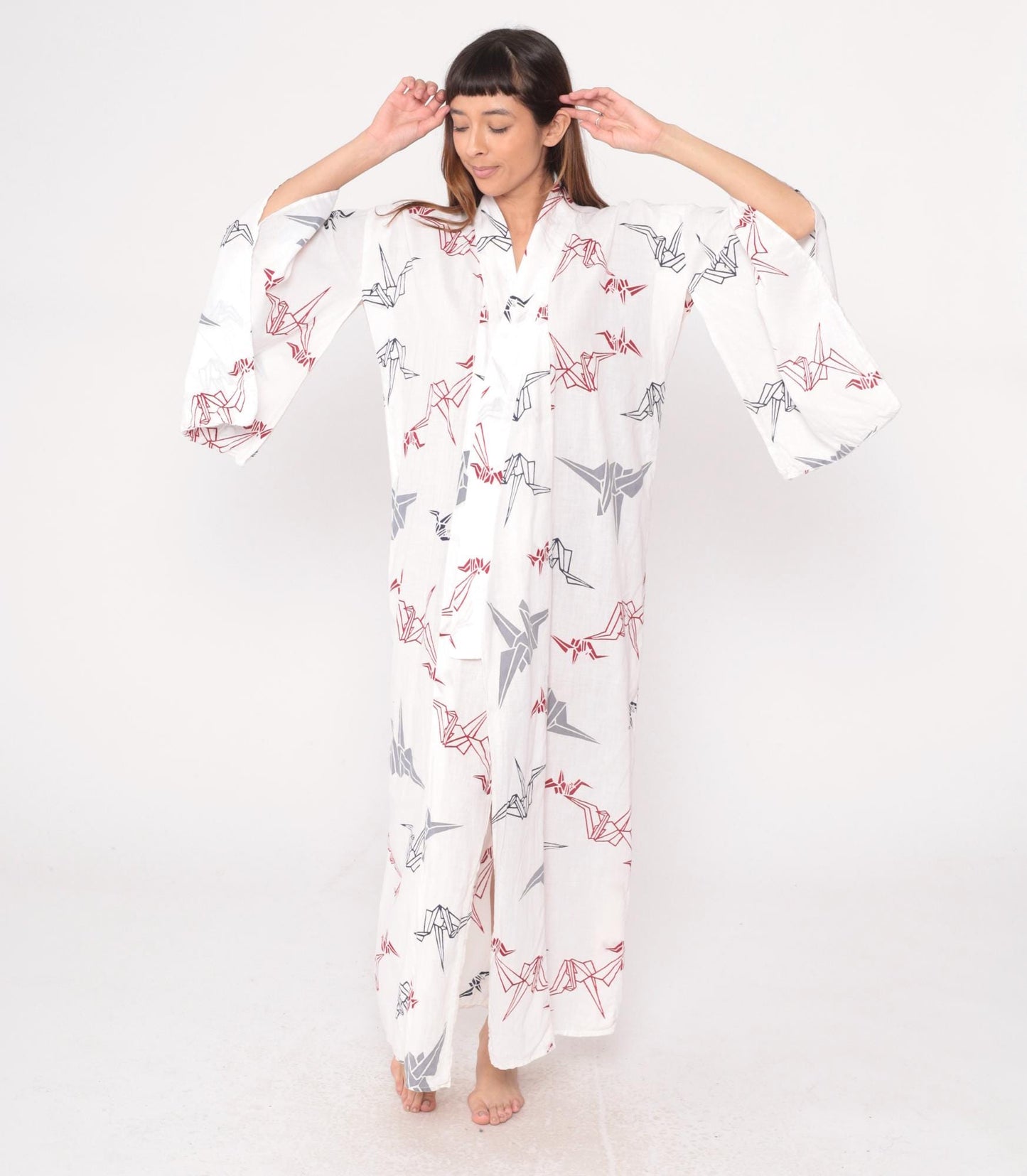 80s White Origami Crane Kimono Robe Maxi Cotton Duster Collared Large