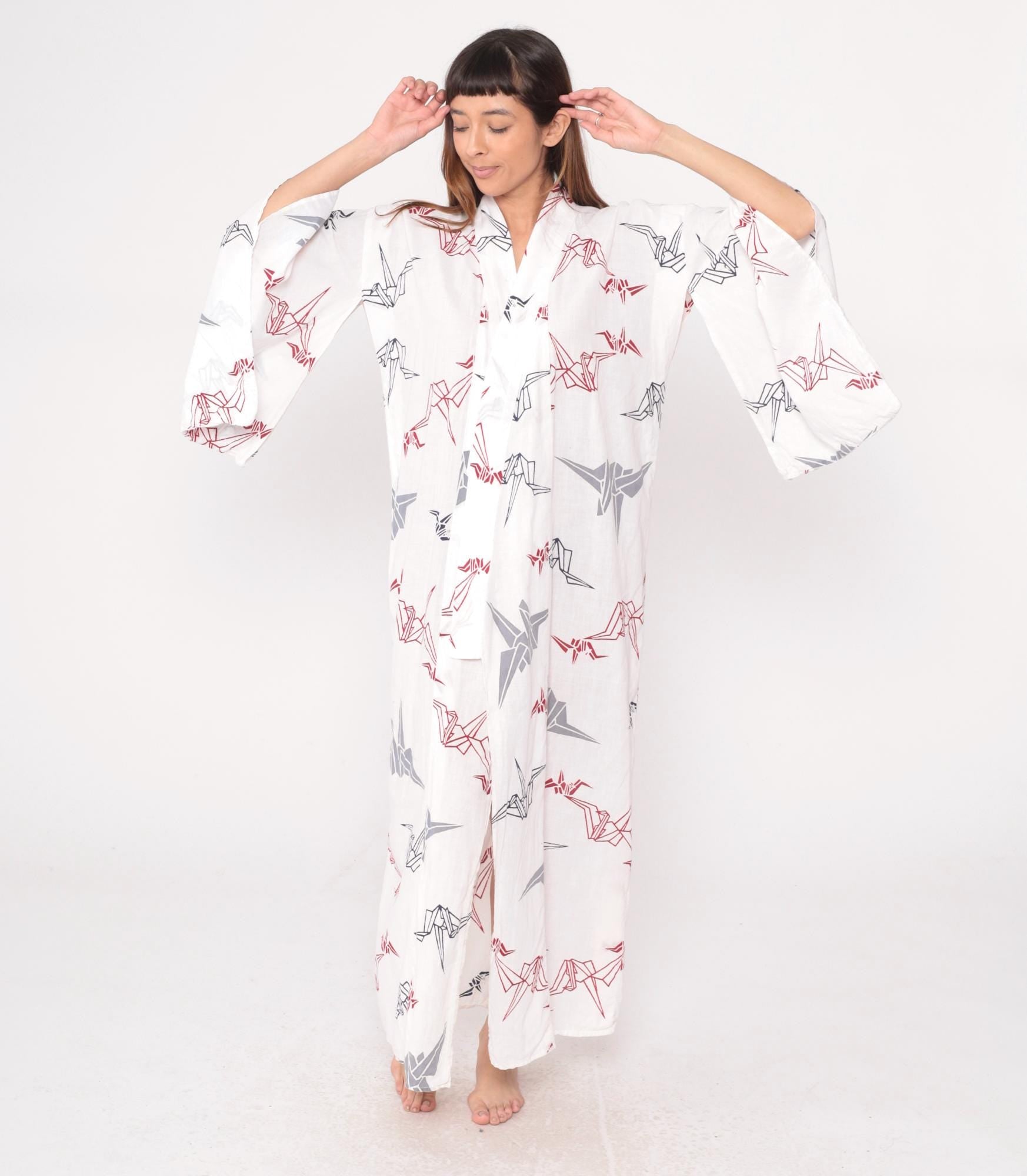 80s White Origami Crane Kimono Robe Maxi Cotton Duster Collared Large