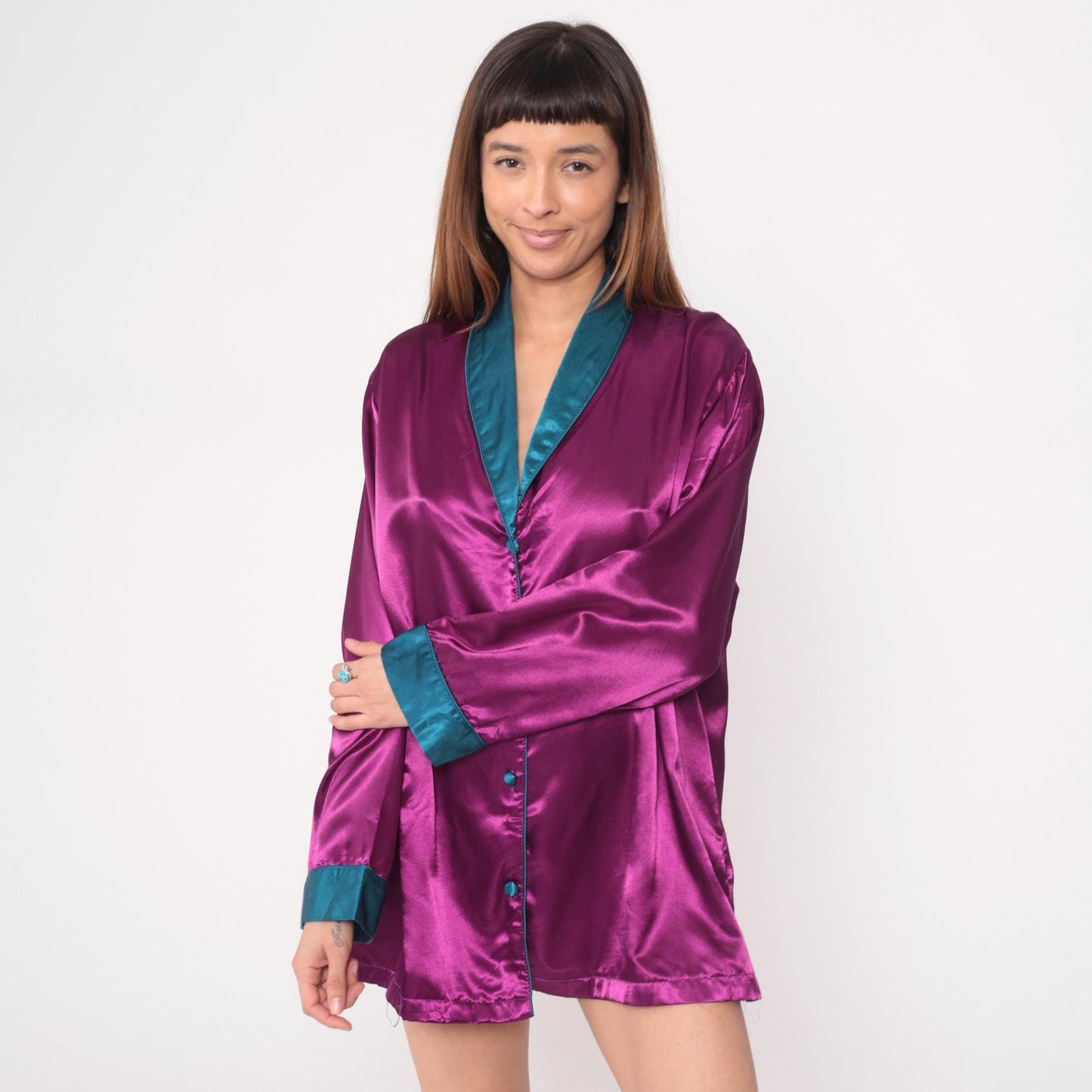 90s Purple Satin Sleep Shirt Teal Trim Button Front Tunic Large L