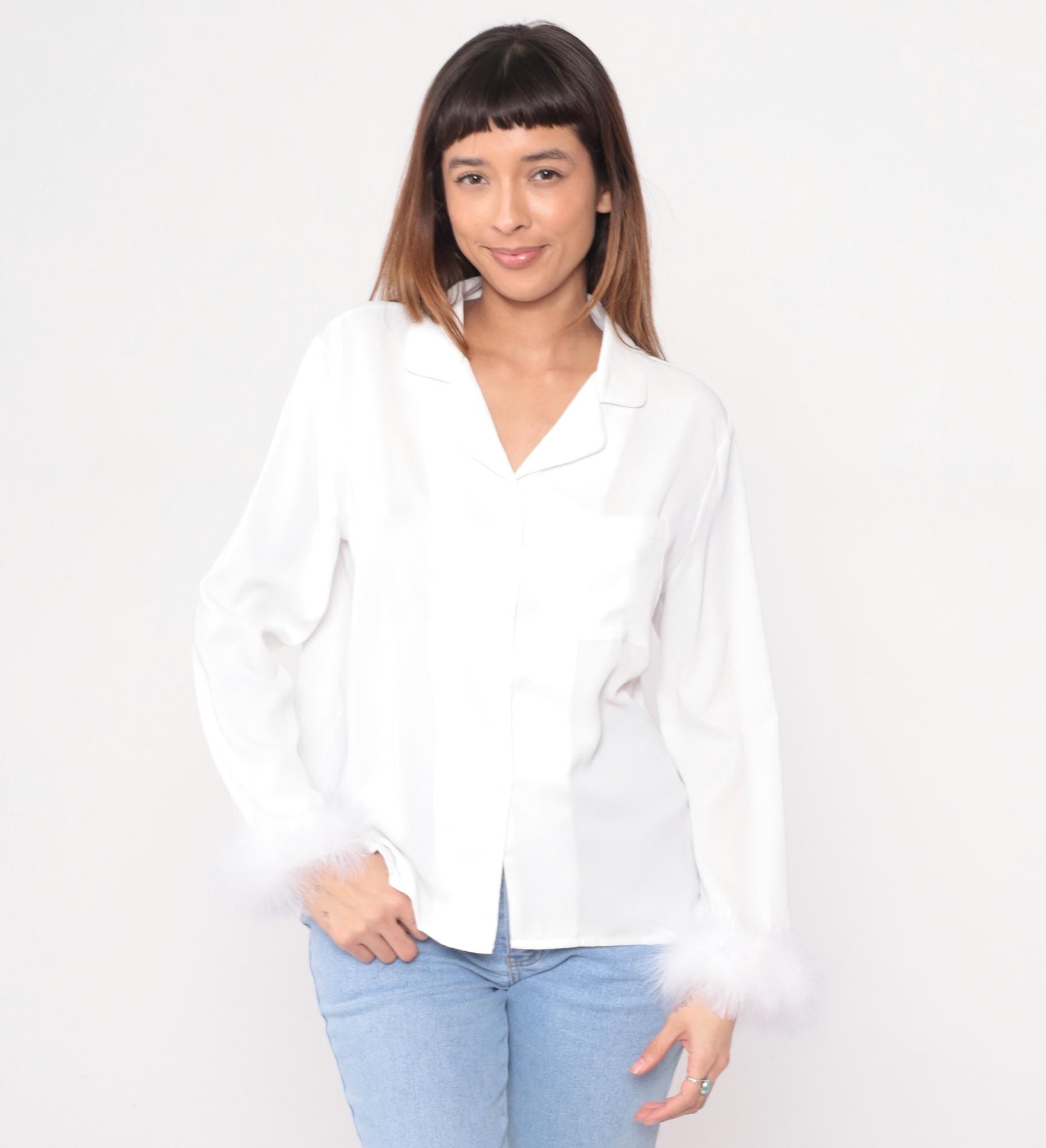 90s White Feather Trim Blouse Notched Collar Button-Up Long Sleeve Medium