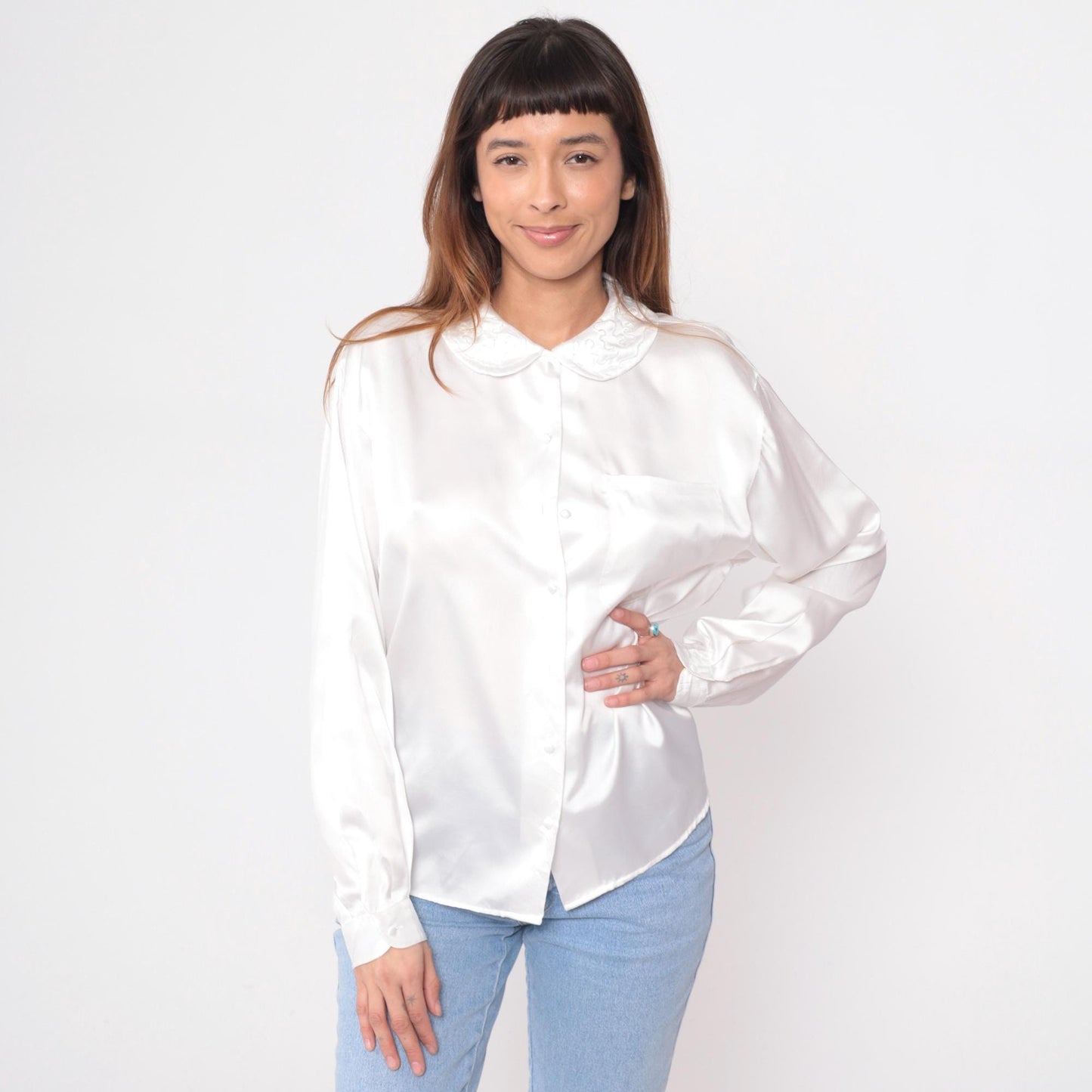 90s Charlotte van Horne White Peter Pan Collar Blouse Long Sleeve Large L