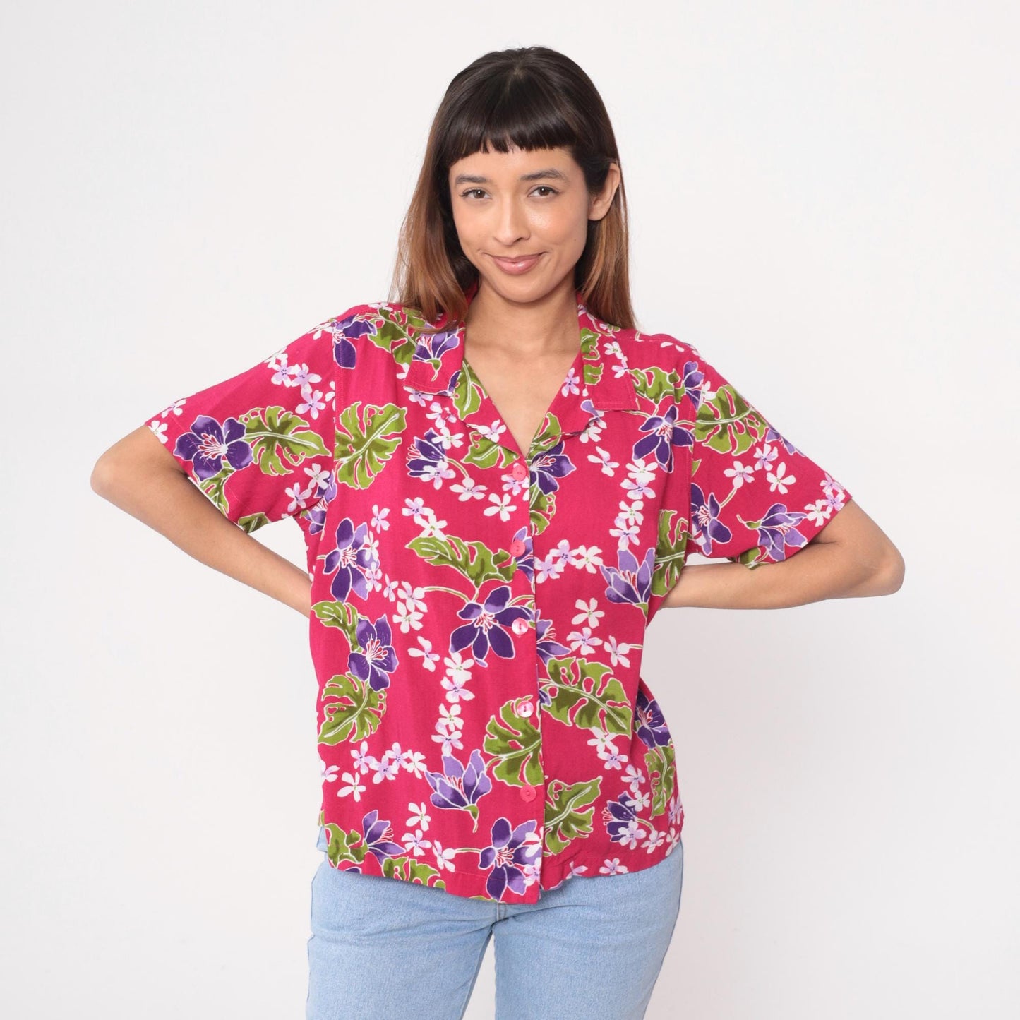 90s Basic Editions Hawaiian Shirt Fuchsia Floral Tropical Blouse Extra Large XL