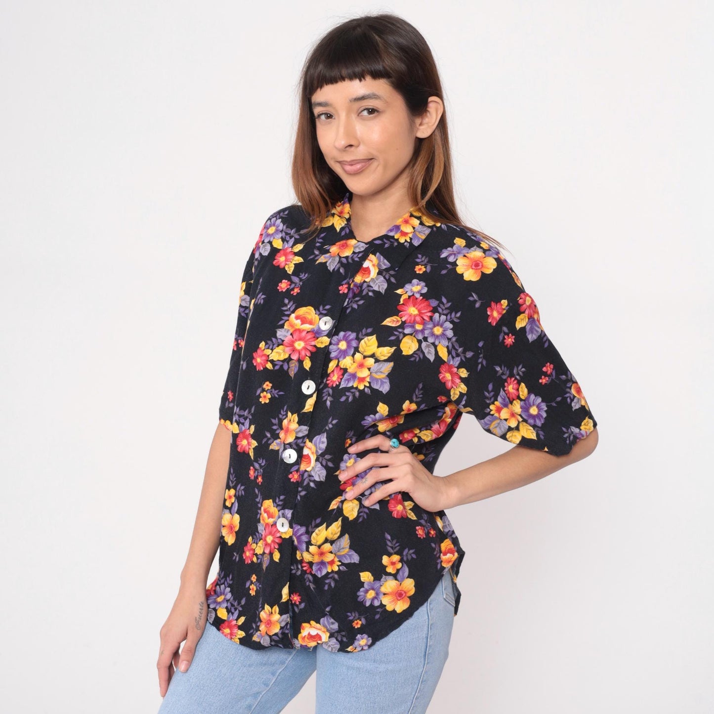 90s Black Floral Rayon Blouse Short Sleeve Button Up Medium M