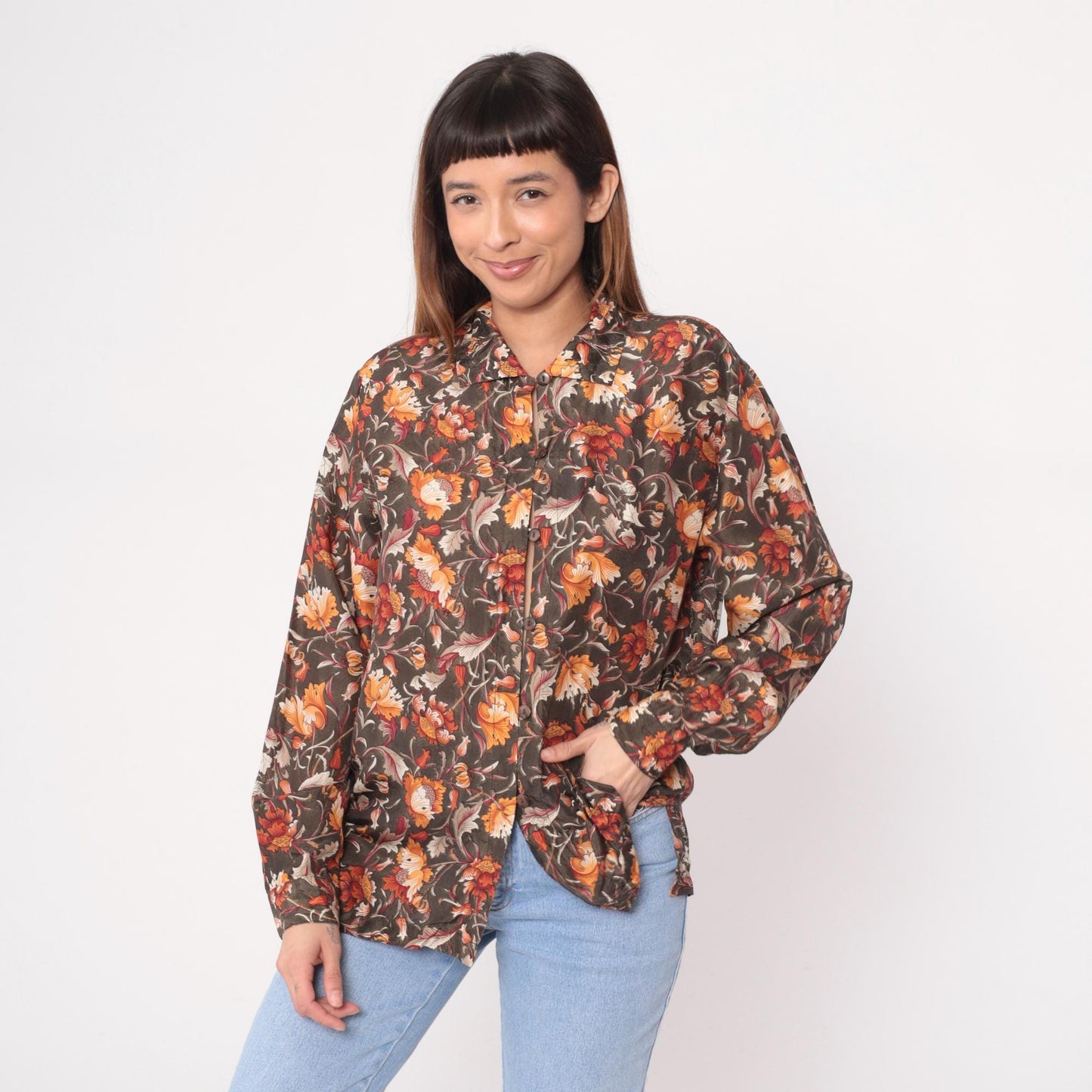 90s Silk Floral Button-Up Blouse Brown Orange Rust Cream Medium M