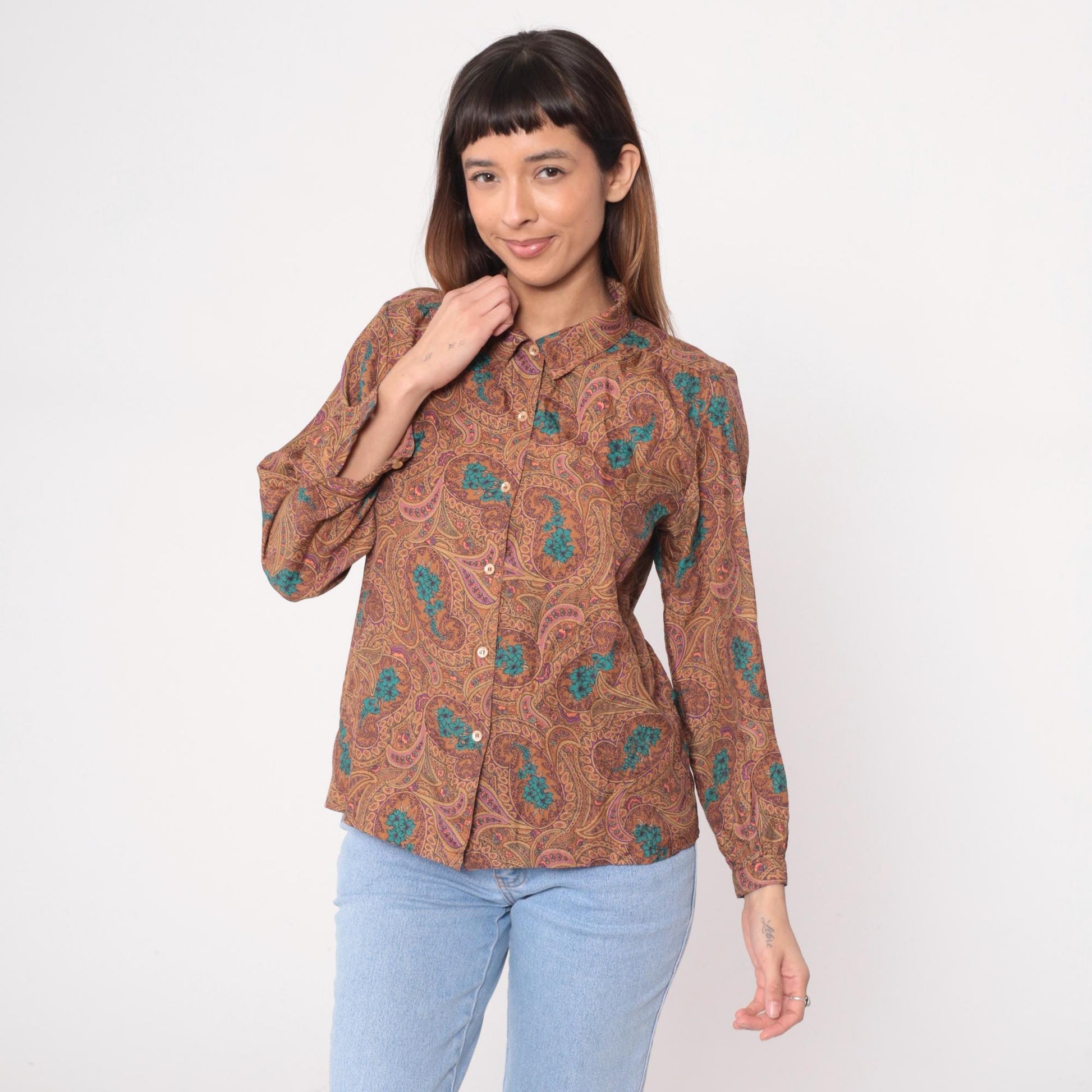 70s Paisley Button-Front Blouse Brown Turquoise Floral Long Sleeve Medium
