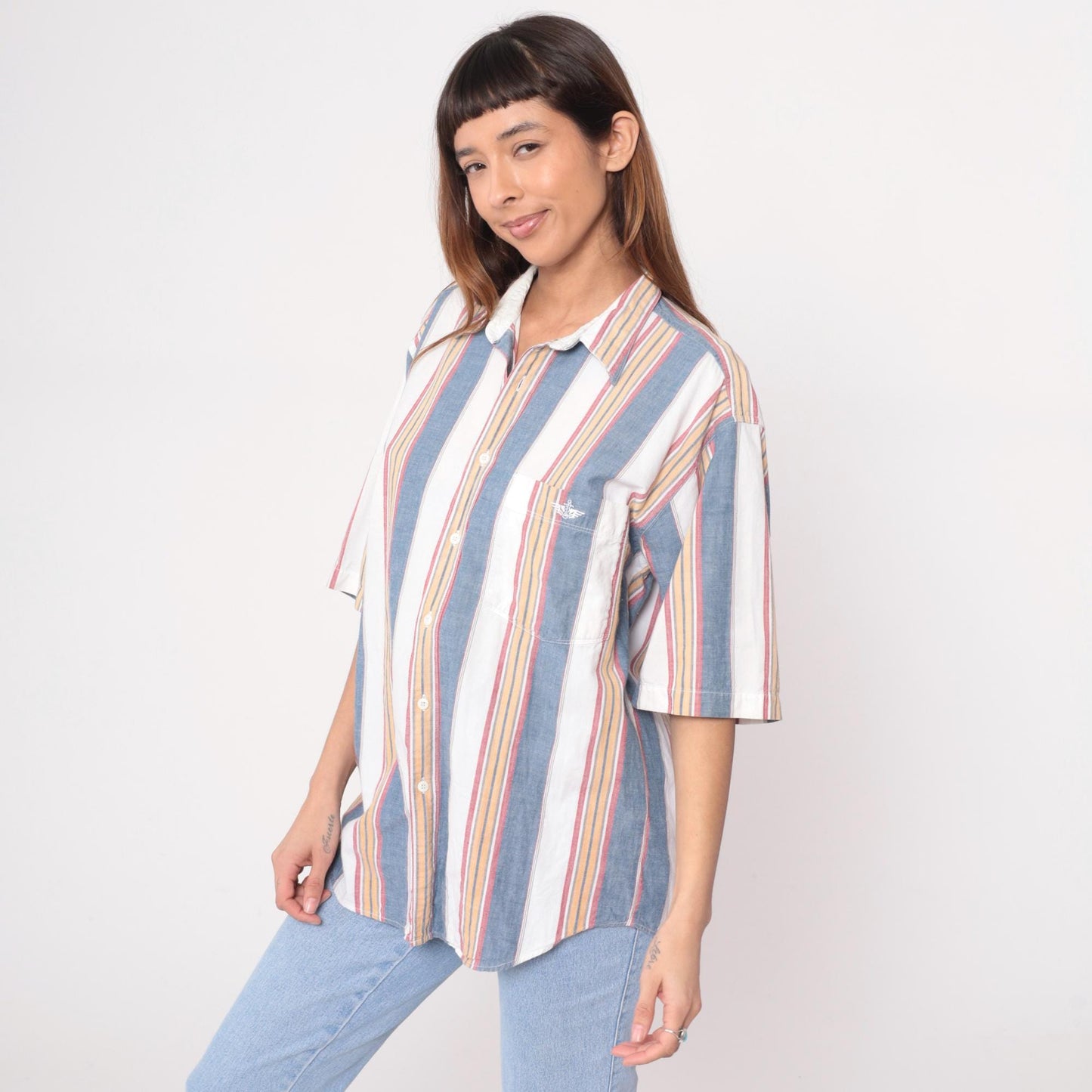 90s Dockers Striped Cotton Button-Up Shirt Blue White Pink Medium M