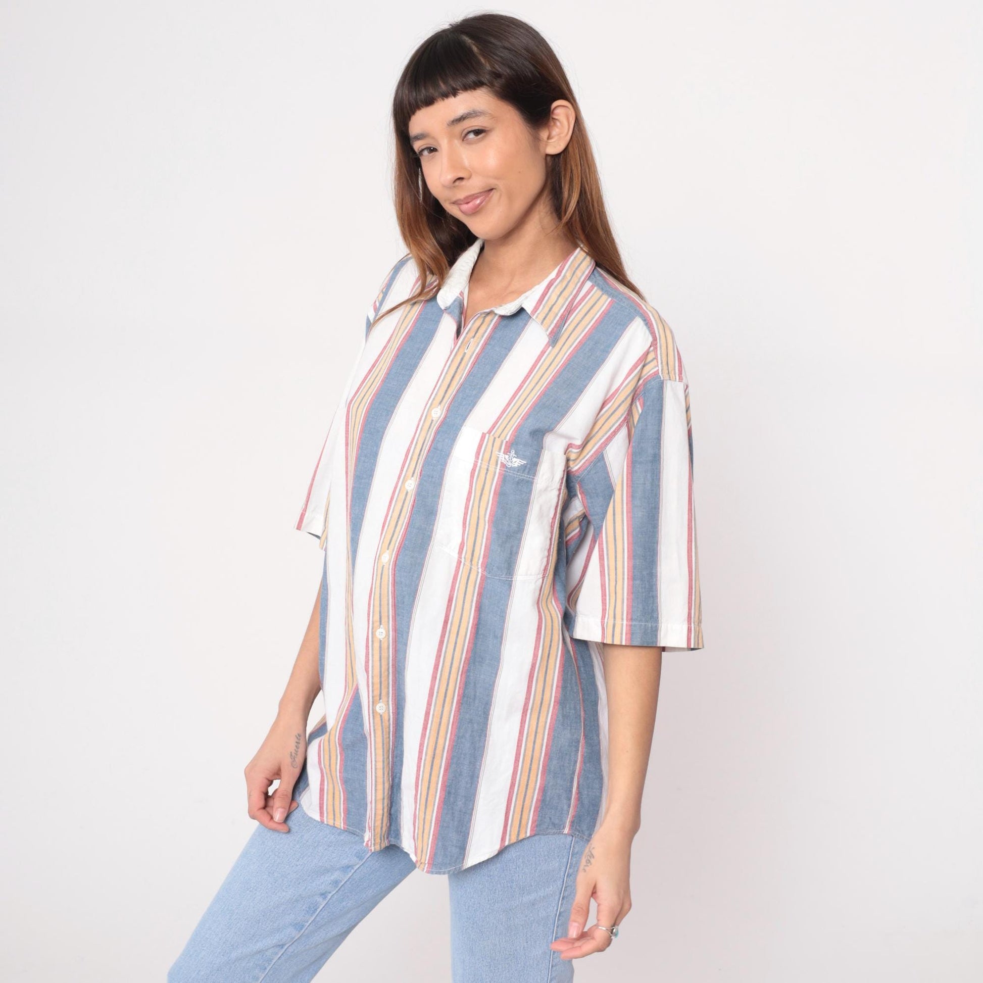 90s Dockers Striped Cotton Button-Up Shirt Blue White Pink Medium M
