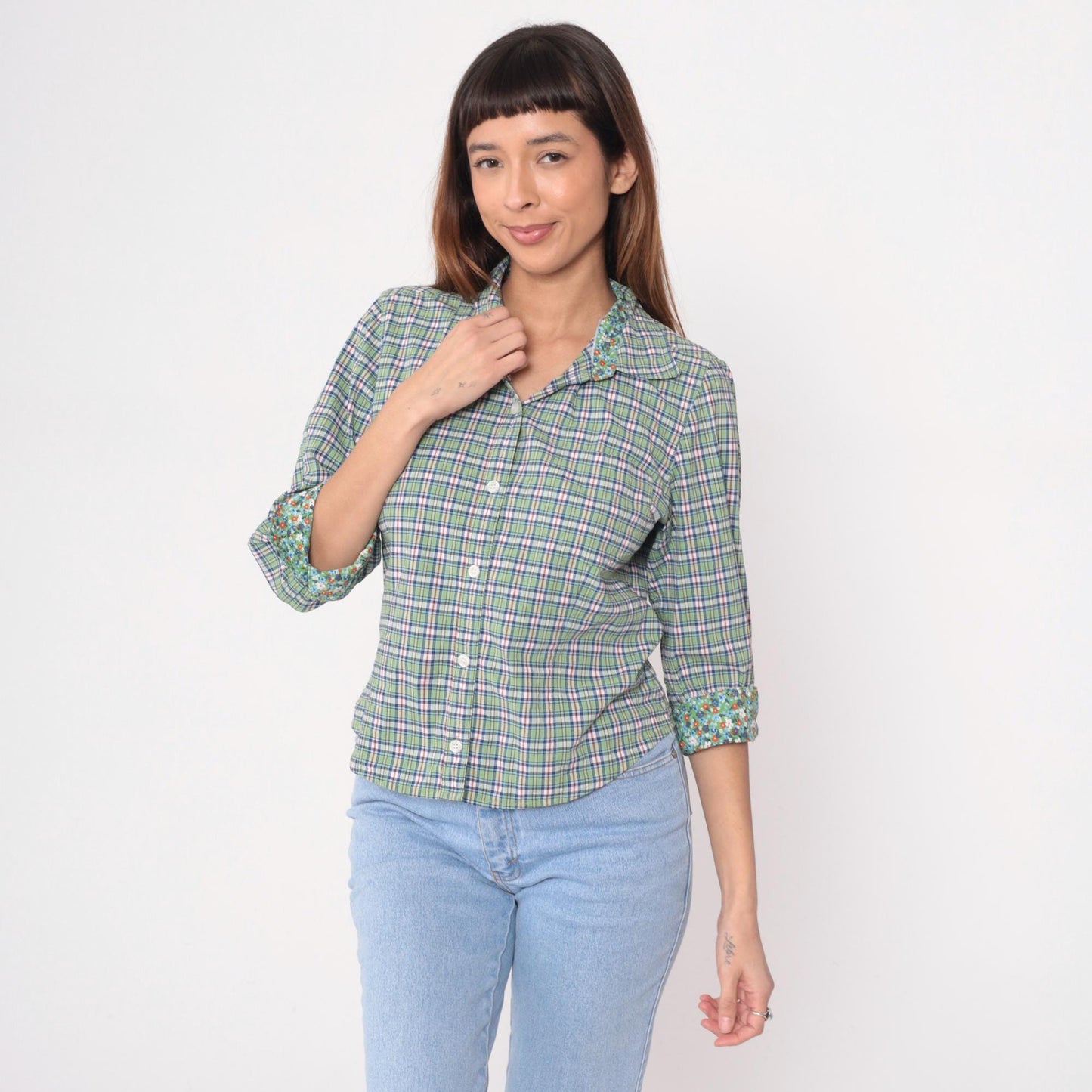 Y2K Talbots Plaid Button-Up Shirt Green Blue Floral Cuff Medium
