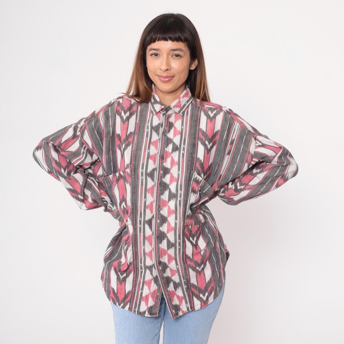 90s Laura Kiran Southwestern Ikat Button Shirt Pink Grey Cotton Extra Large XL