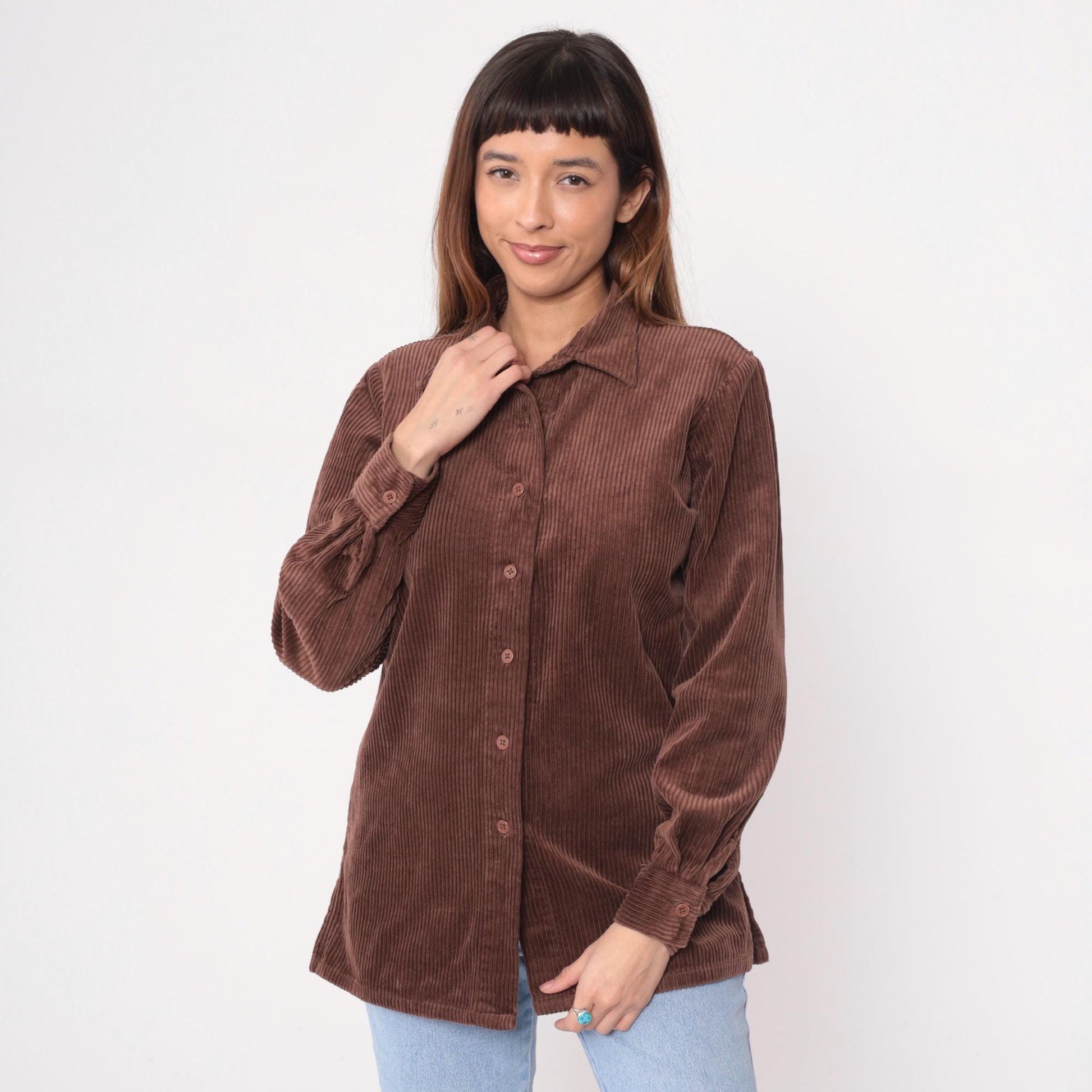Y2K Brown Corduroy Button-Up Shirt Blair Pointed Collar Long Sleeve Medium