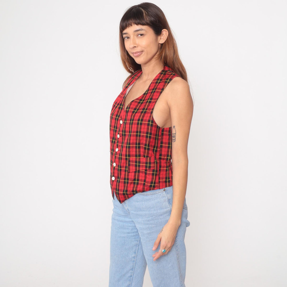 80s Red Plaid Wool Vest Button-Front V-Neck Sleeveless Small S