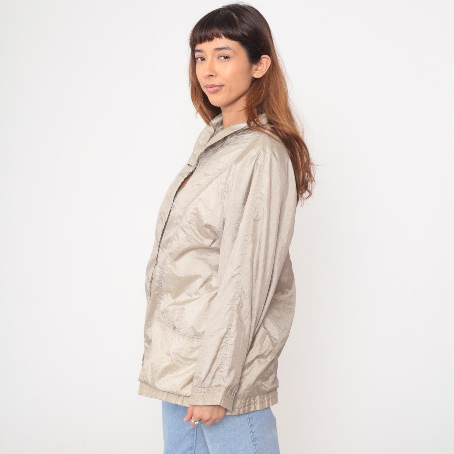 90s Haband Beige Nylon Windbreaker Jacket Snap Button Collar Large