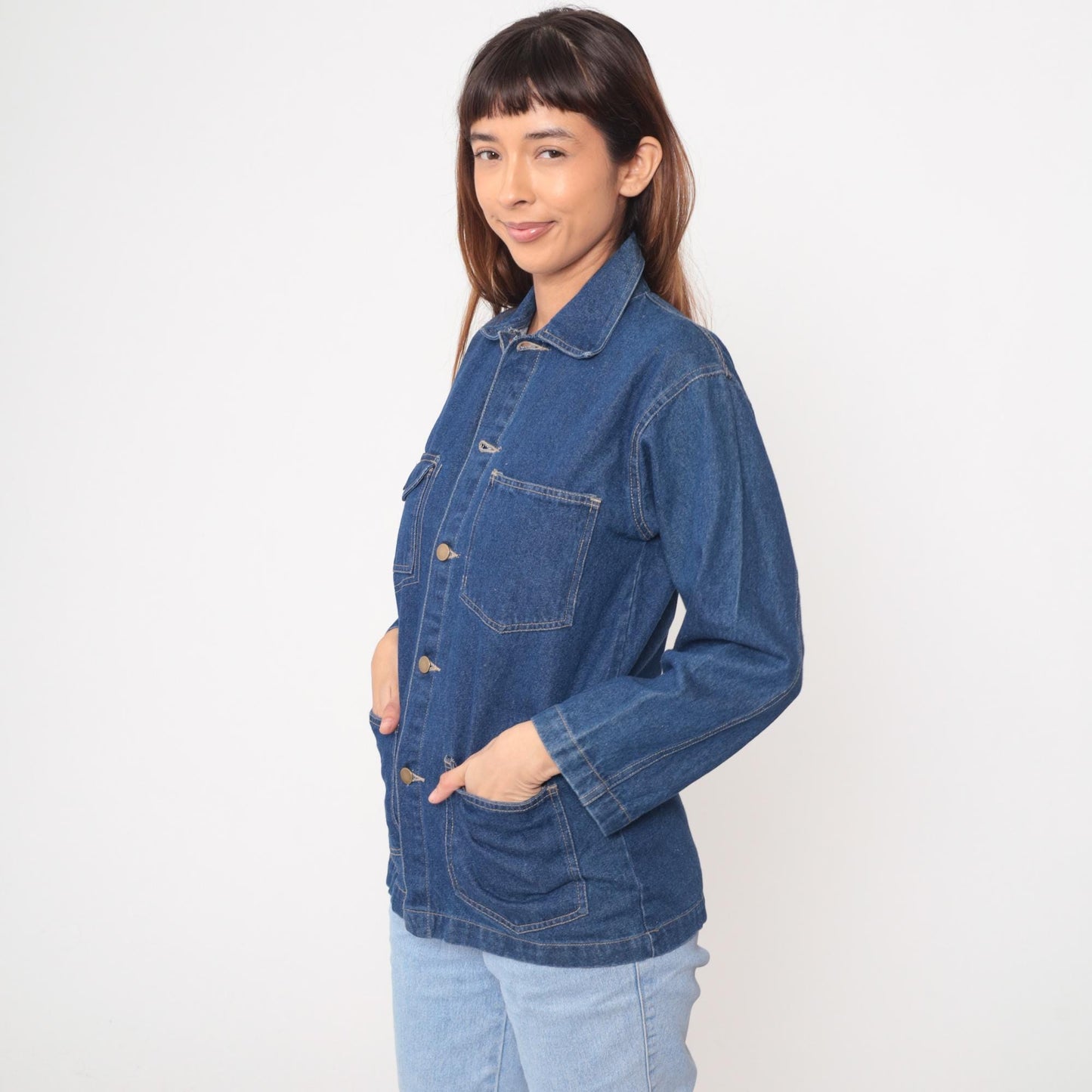 80s High Sierra Denim Chore Coat Blue Cotton Point Collar Small