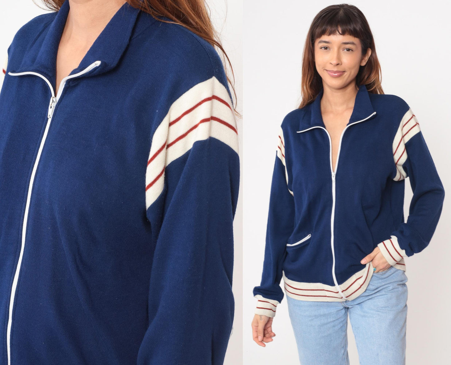80s Winning Ways Track Jacket Navy Blue Striped Zip Windbreaker Medium