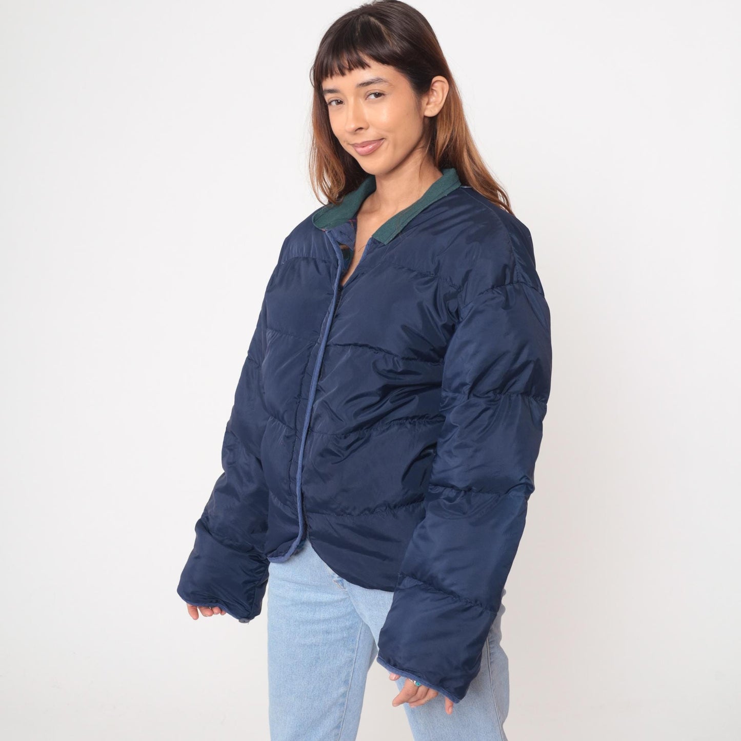 90s GM Down Puffer Jacket Navy Blue Teal Collar Quilted Medium M