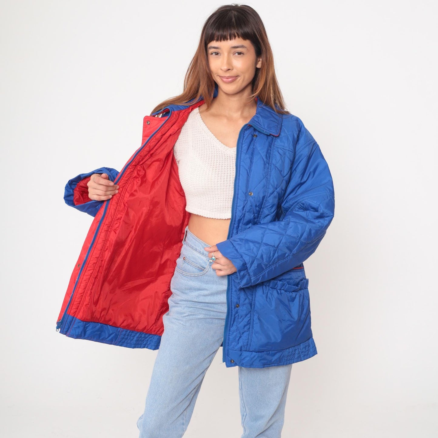 80s Aurora International Blue Quilted Jacket Diamond Pattern Red Lining Medium