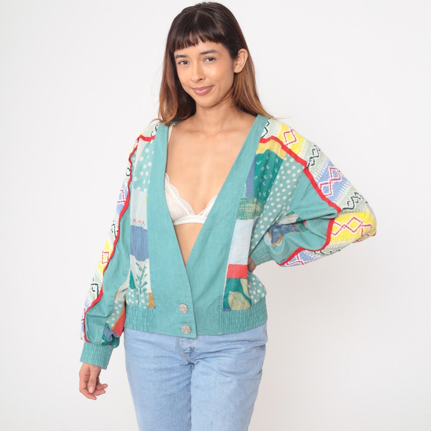Y2K Howard Wolf Patchwork Cardigan Geometric Print Turquoise Medium M