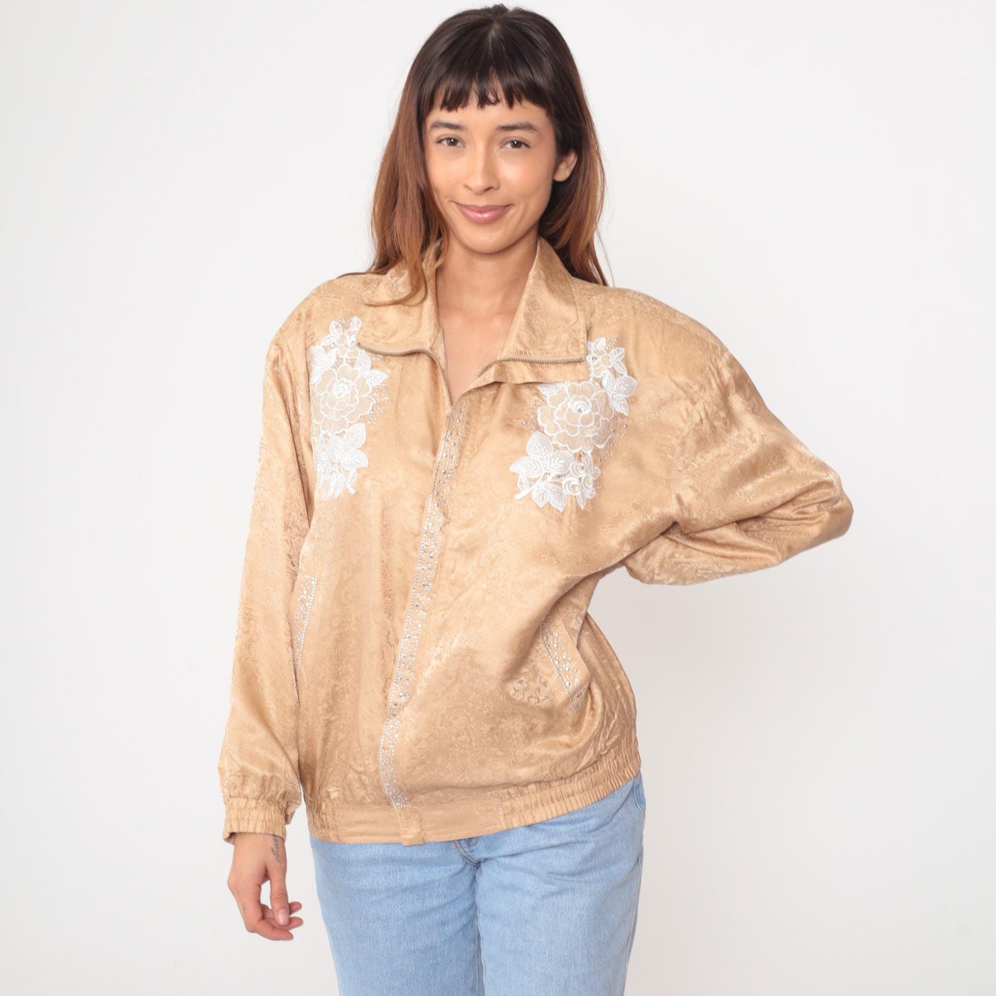 90s Silk Bomber Jacket Champagne Gold Embroidered Floral Medium M