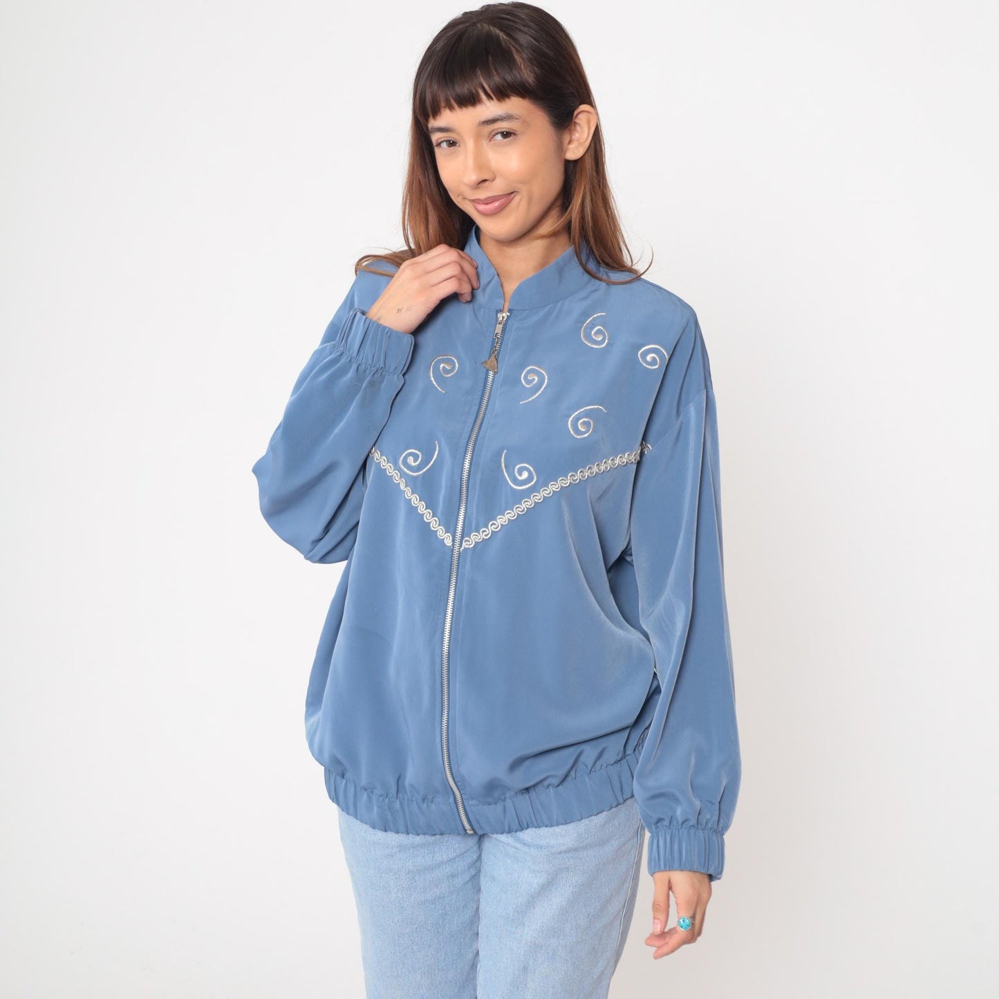 90s Silver Threads Powder Blue Bomber Jacket Spiral Embroidery Medium M