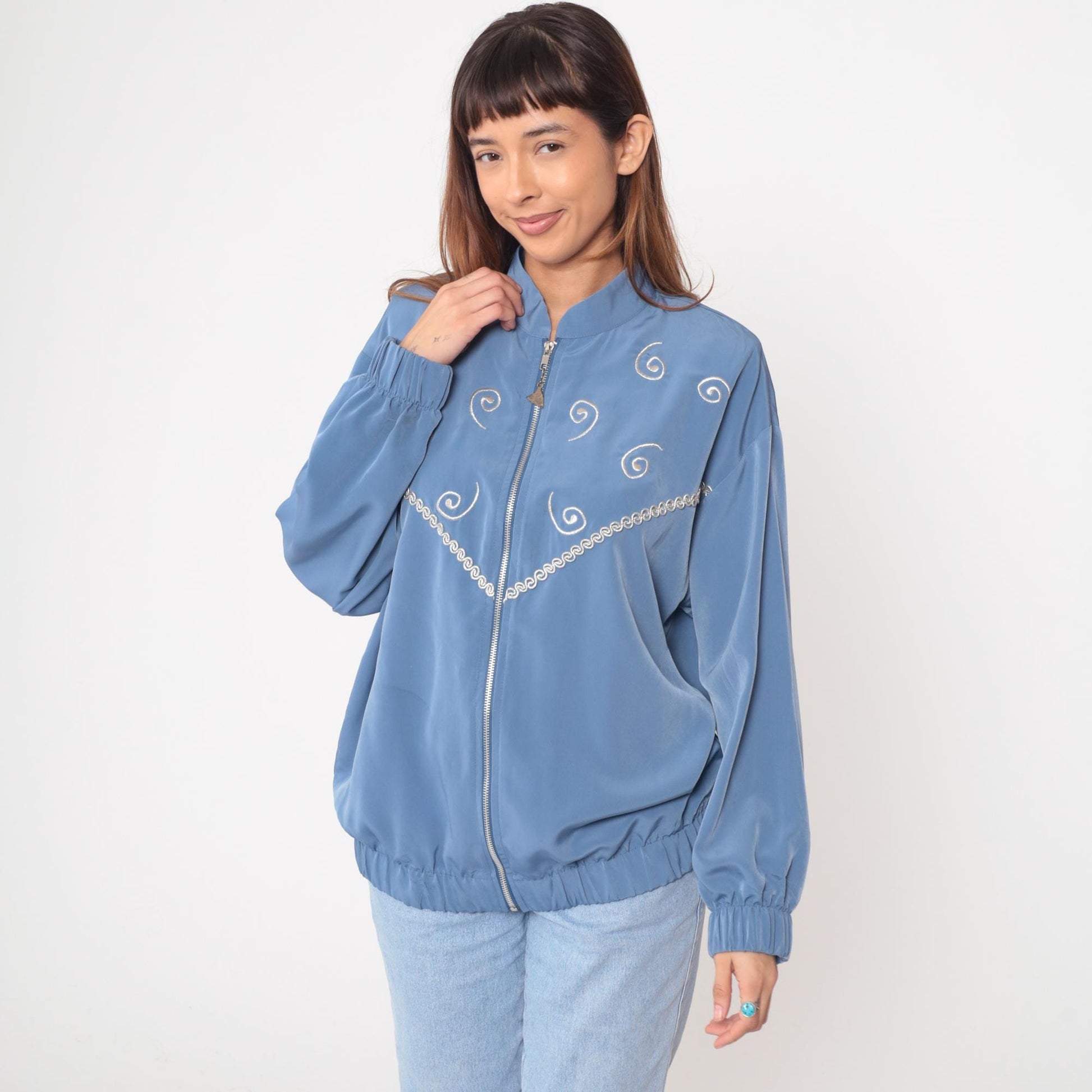 90s Silver Threads Powder Blue Bomber Jacket Spiral Embroidery Medium M