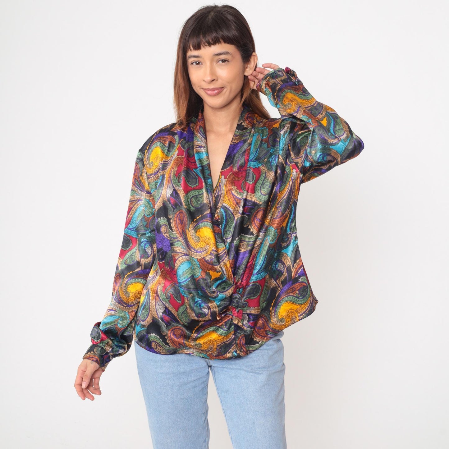 90s Nicola Paisley Wrap Blouse Multicolor Long Sleeve Large L