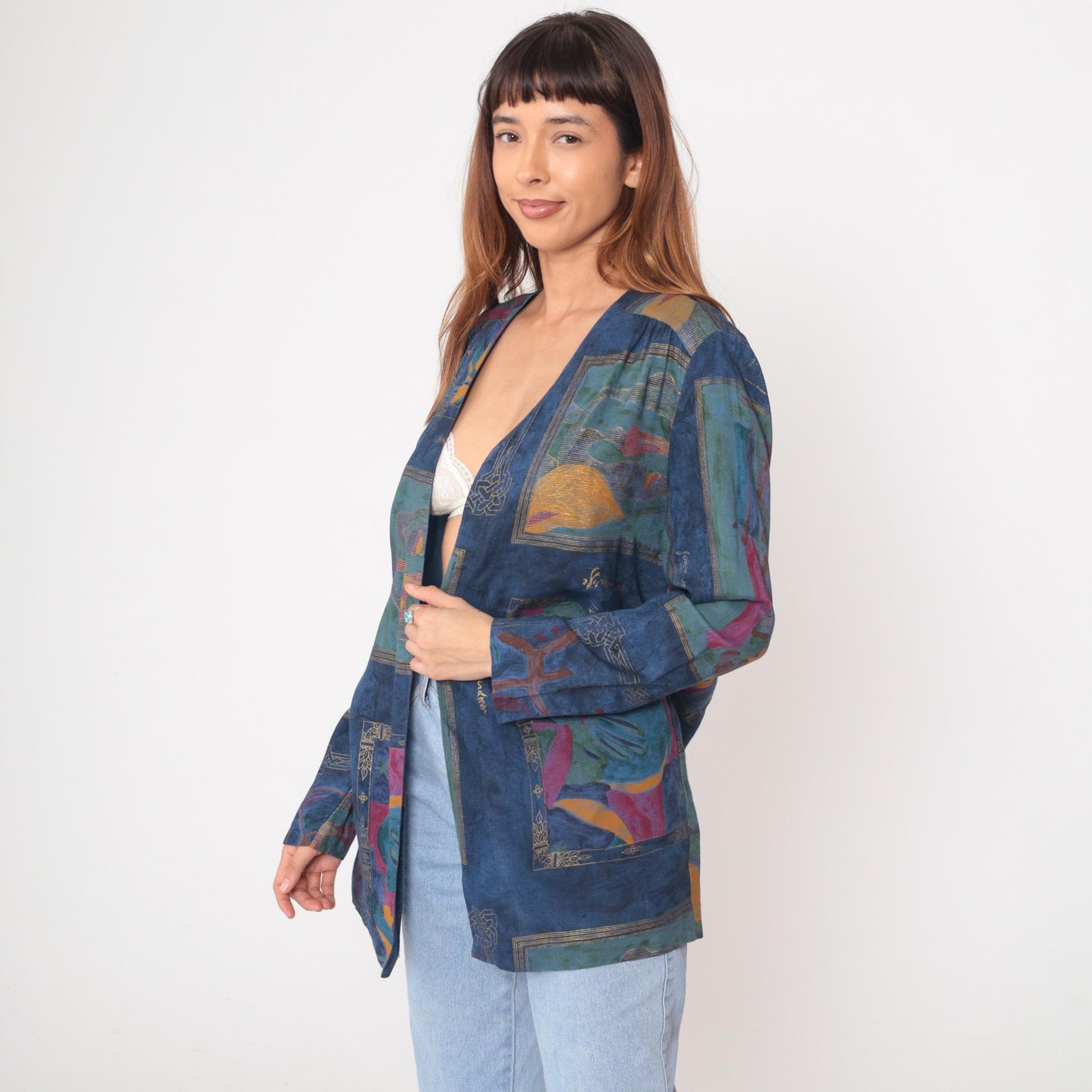 90s Sequel Abstract Geometric Kimono Jacket Blue Multicolor Medium