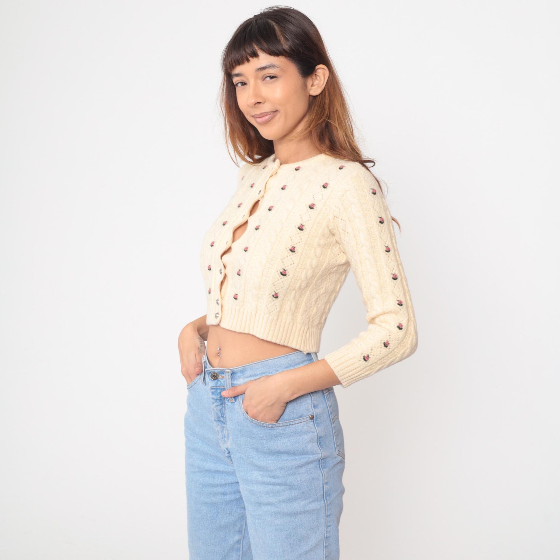 80s Cream Wool Cable Knit Cardigan Embroidered Roses Cropped Extra Small XS