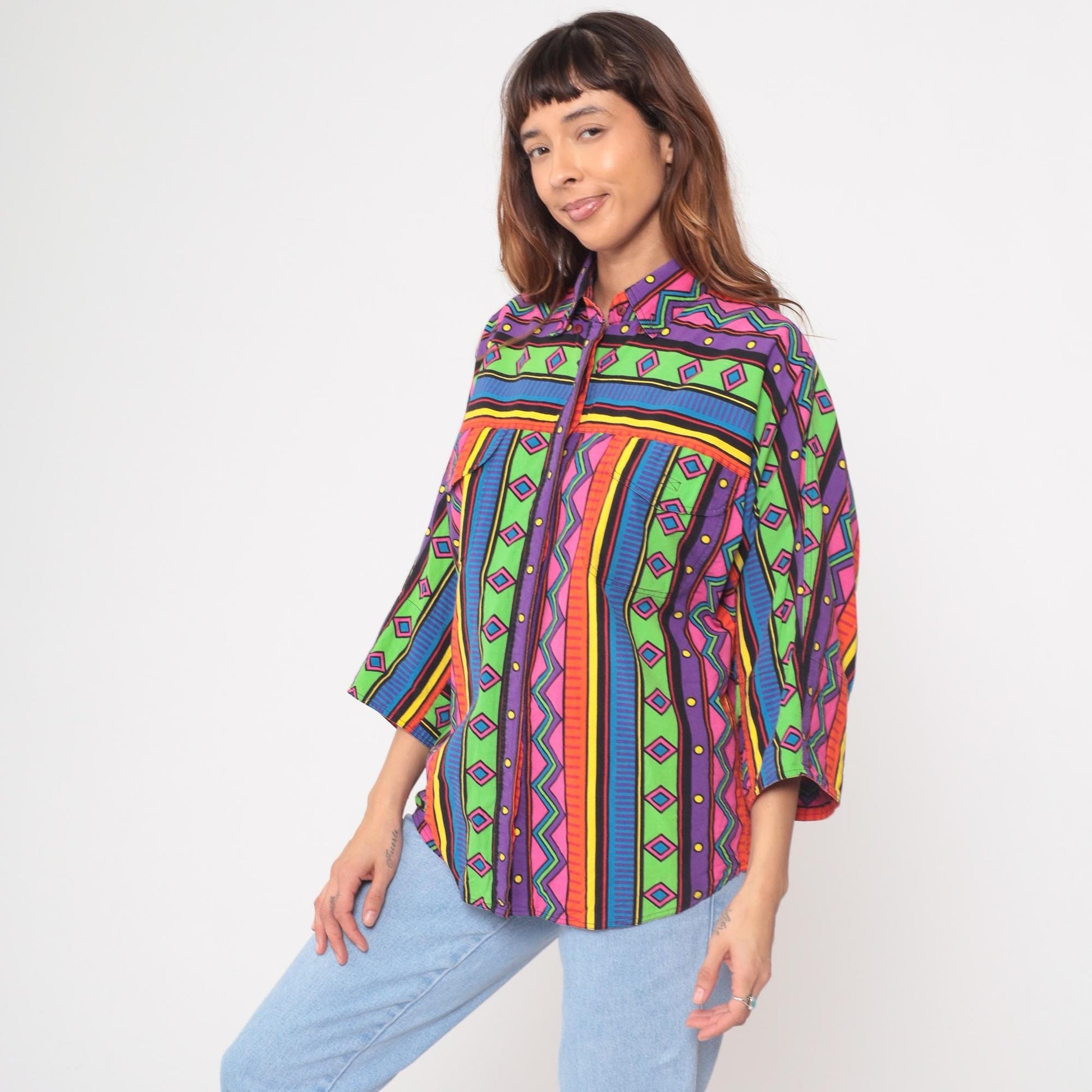 90s Westbound Geometric Button-Front Shirt Multicolor Neon Small S