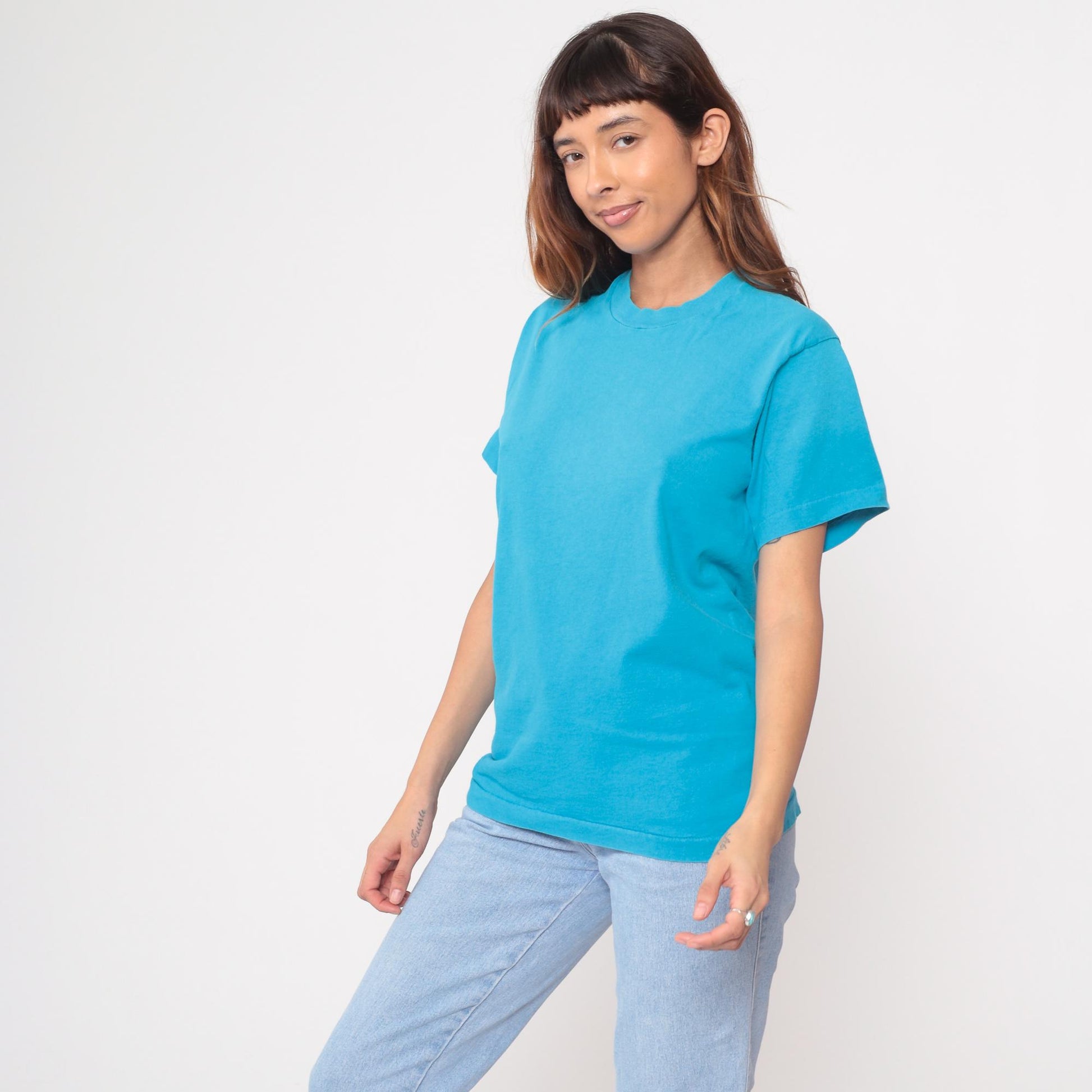 90s Fruit of the Loom Turquoise Cotton Crewneck Tee Medium M