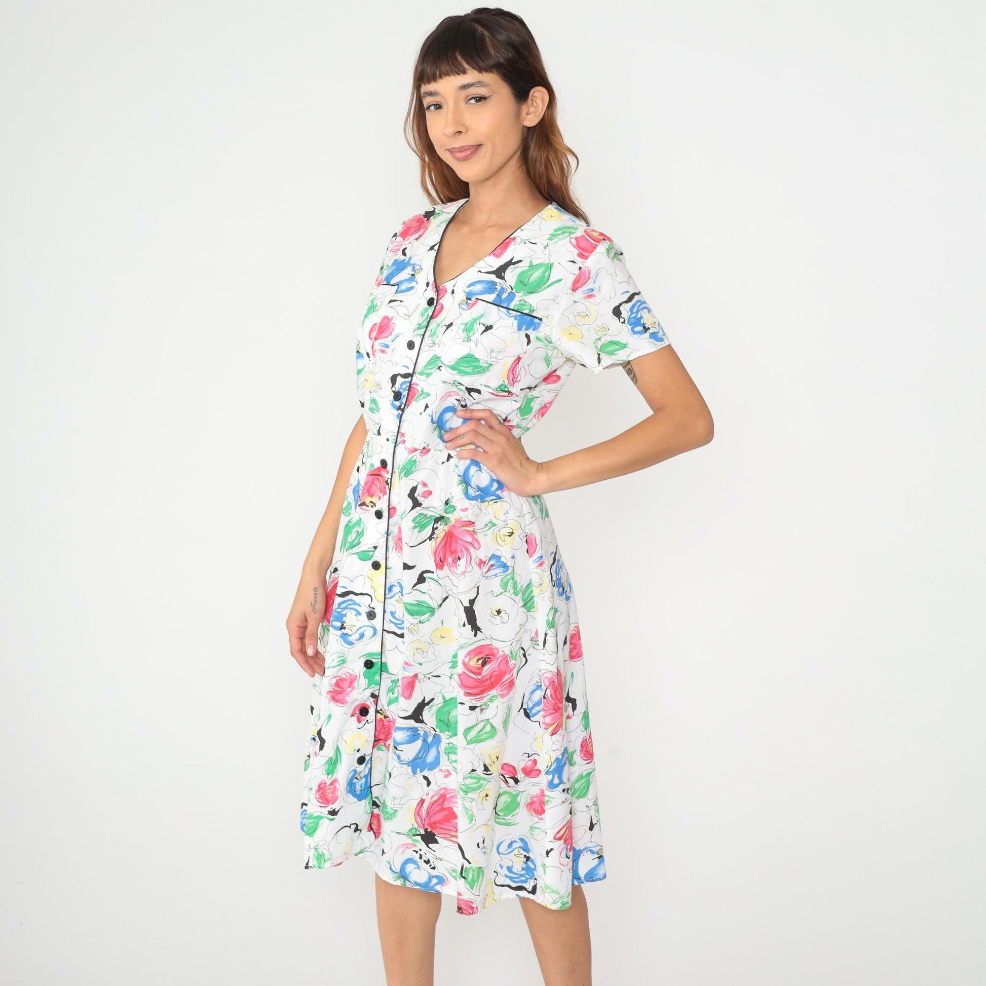 90s Charleston Rags Floral Midi Dress White Cotton Short Sleeve Medium