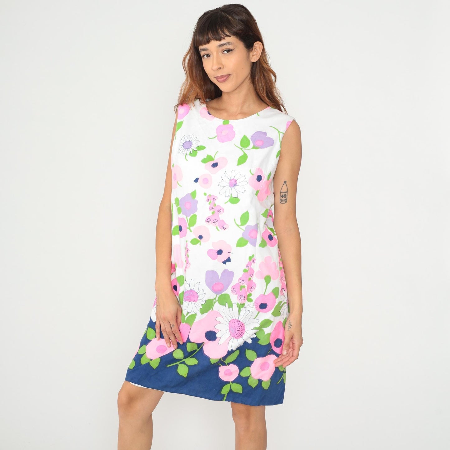 60s Floral Shift Dress Navy Daisy Pink Purple White Cotton Sleeveless Medium