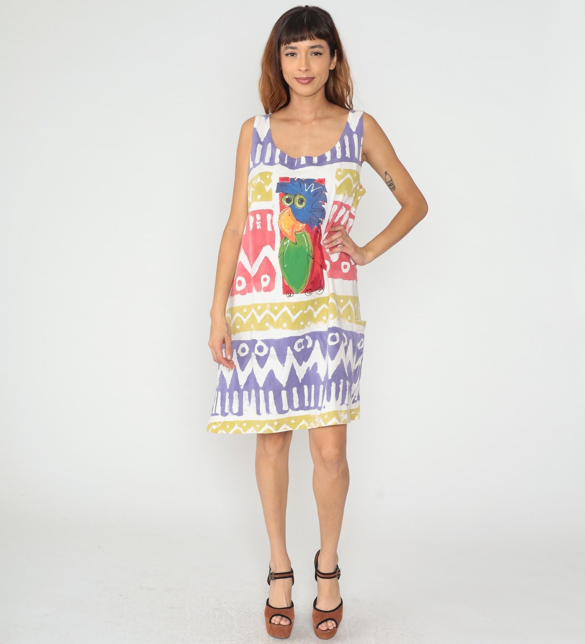 90s Parrot Shift Dress Knee Length Geometric Tribal Print Purple Yellow Pink Large