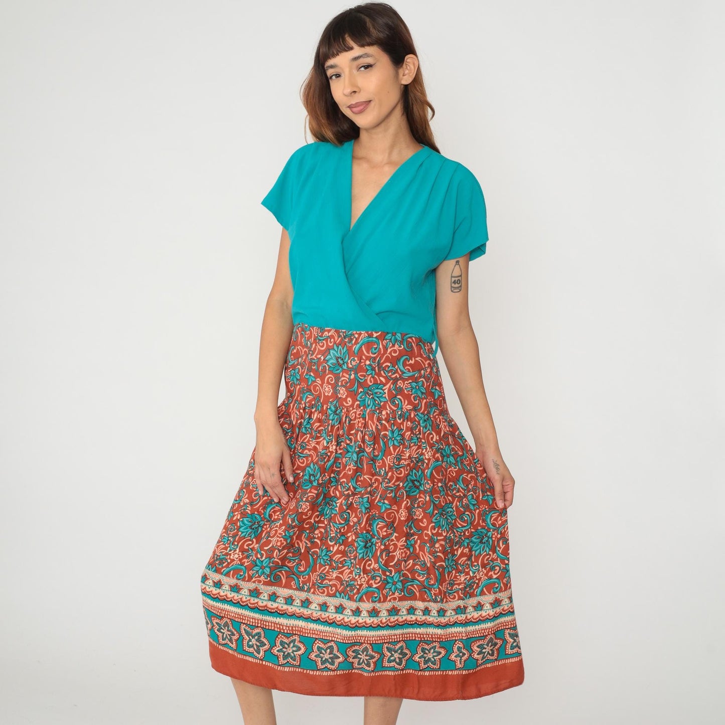 90s Caroline Wells Turquoise Floral Rayon Maxi Dress Short Sleeve Medium