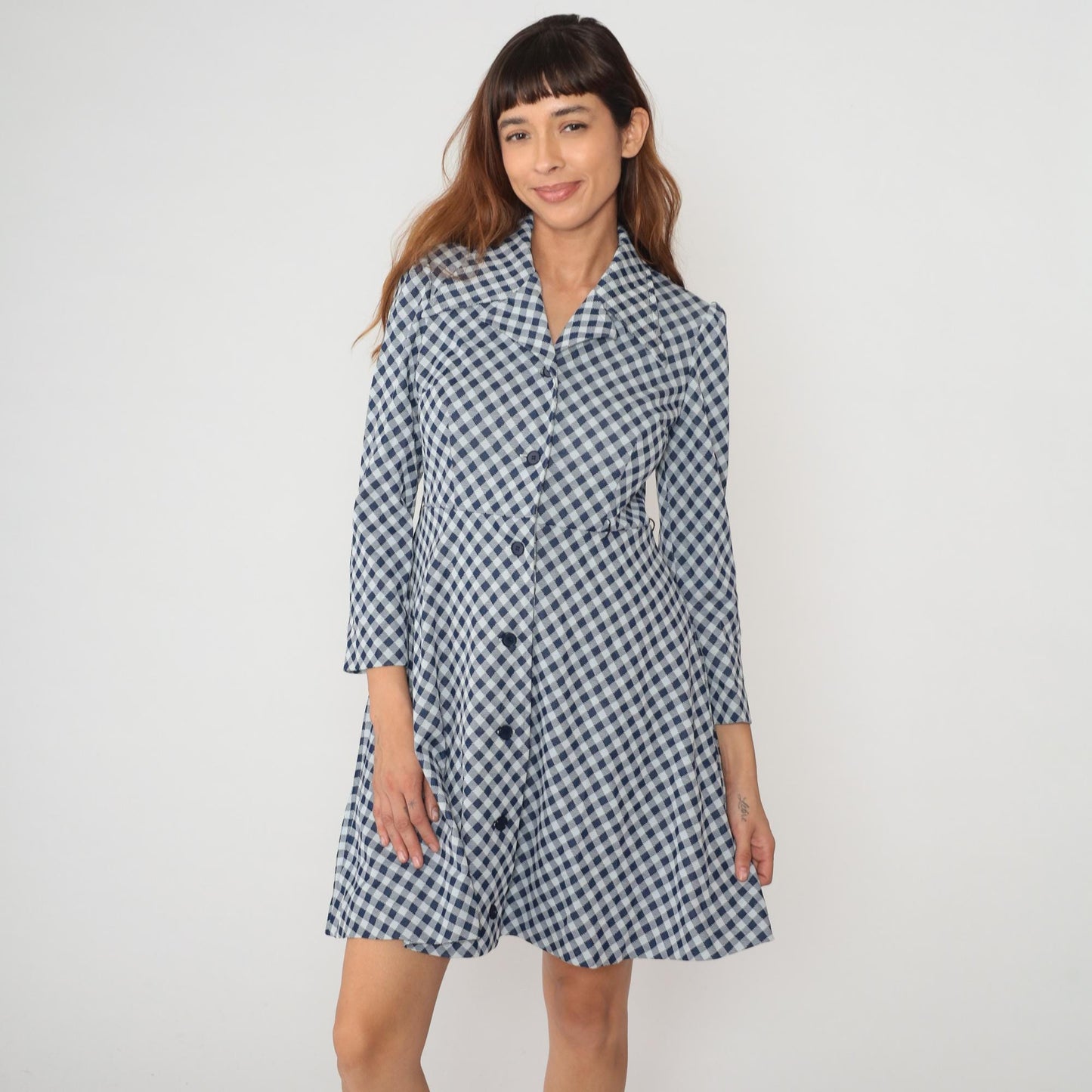 70s Blue White Gingham Check Dress Collared A-Line Long Sleeve Medium