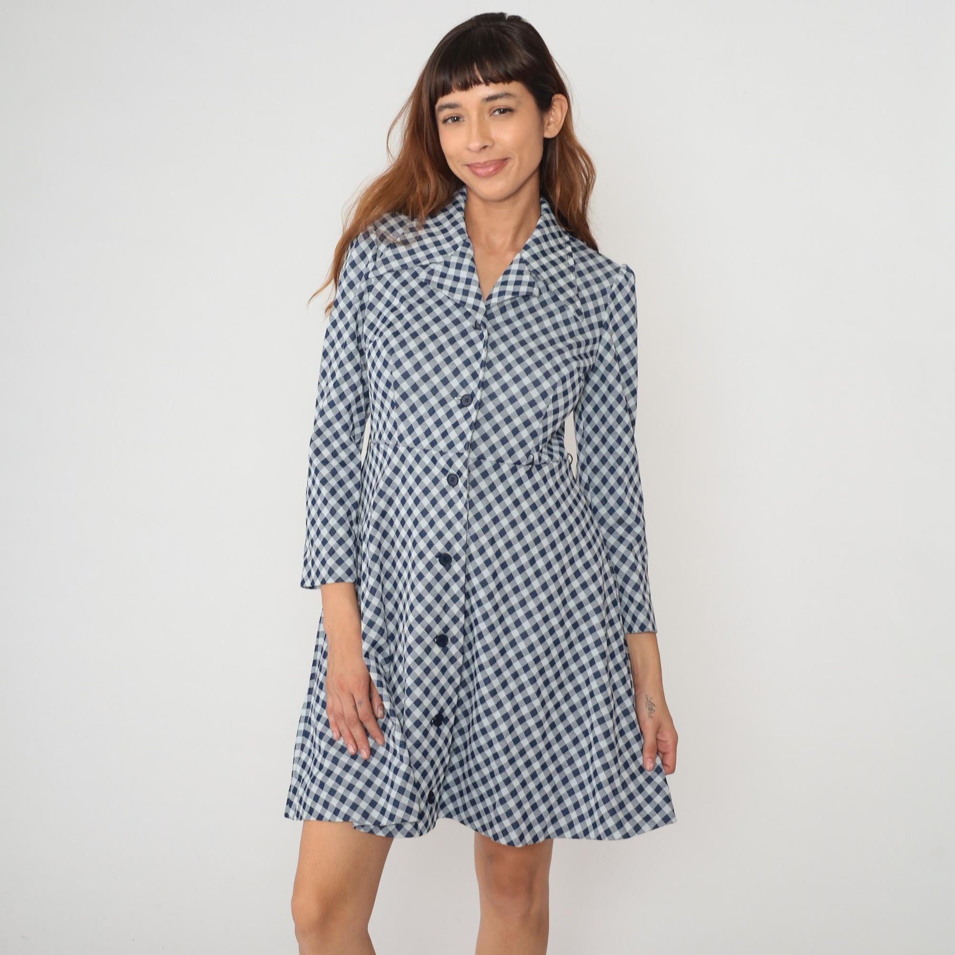 70s Blue White Gingham Check Dress Collared A-Line Long Sleeve Medium