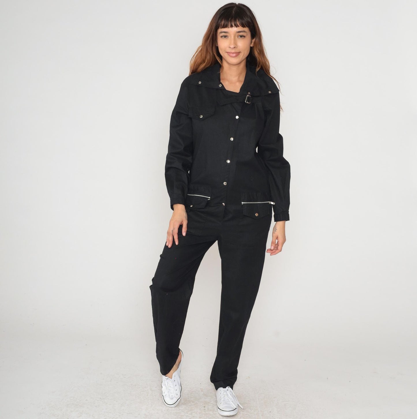 90s Nanci Jennifer Black Cotton Jumpsuit Utility Workwear Snap Medium