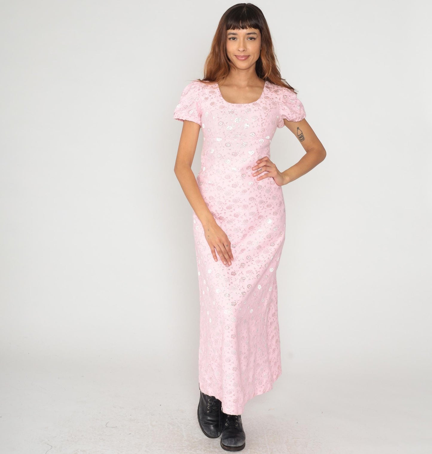 70s Pink Floral Maxi Dress Metallic Jacquard Puff Sleeve Small