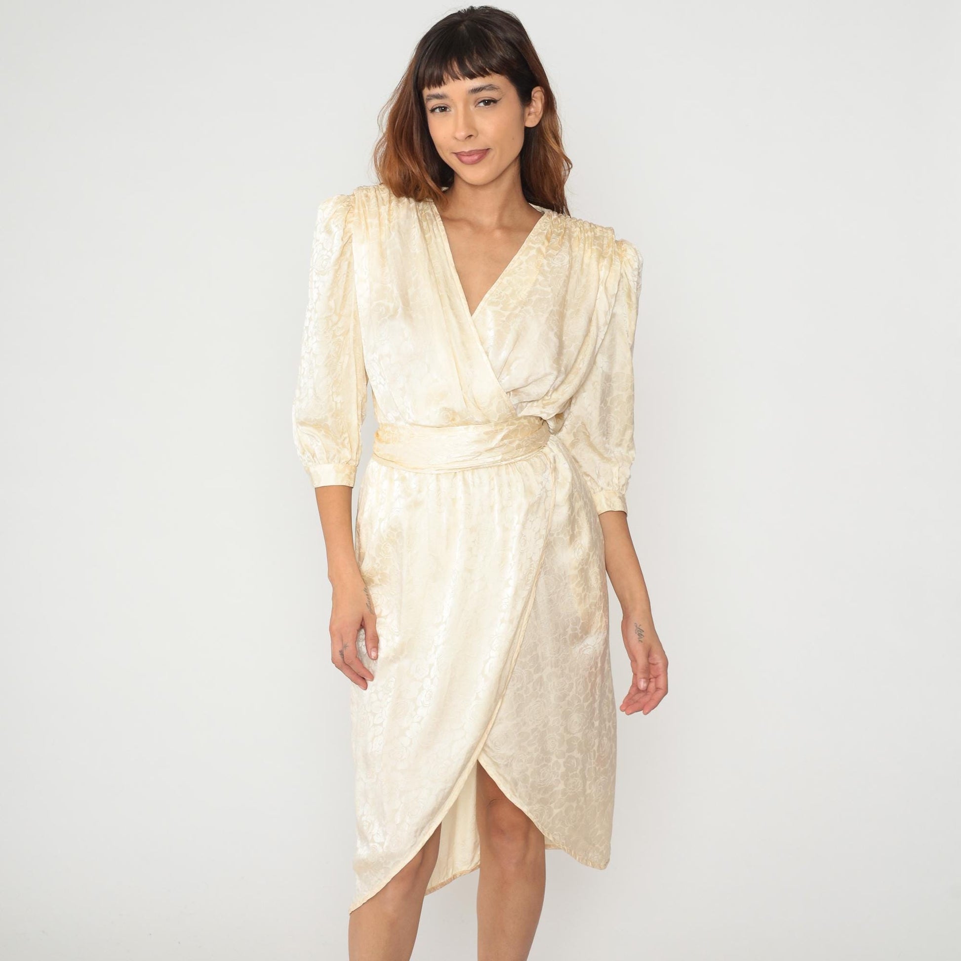 90s Argenti Silk Wrap Dress Cream Floral Jacquard V-Neck Small S