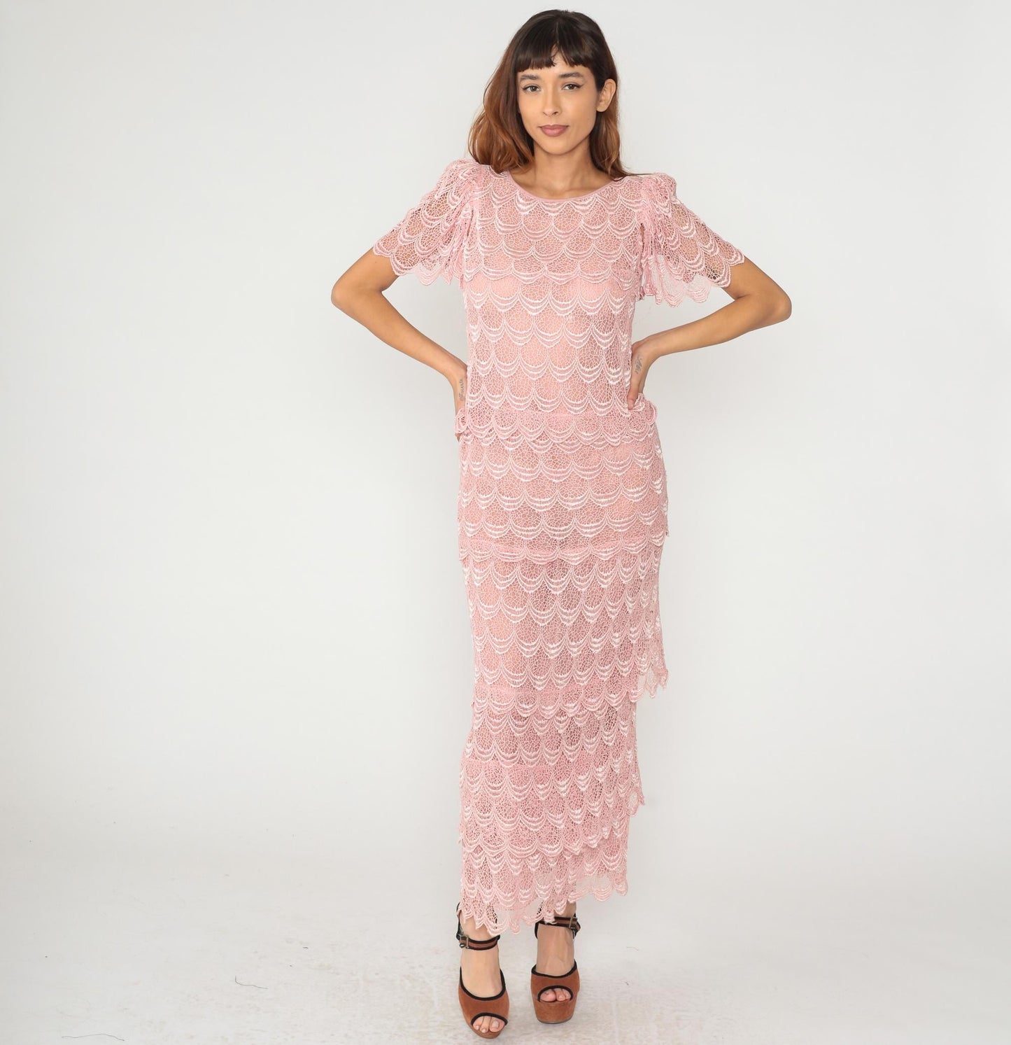 80s Martinique Pink Lace Maxi Dress Scalloped Short Sleeve Small