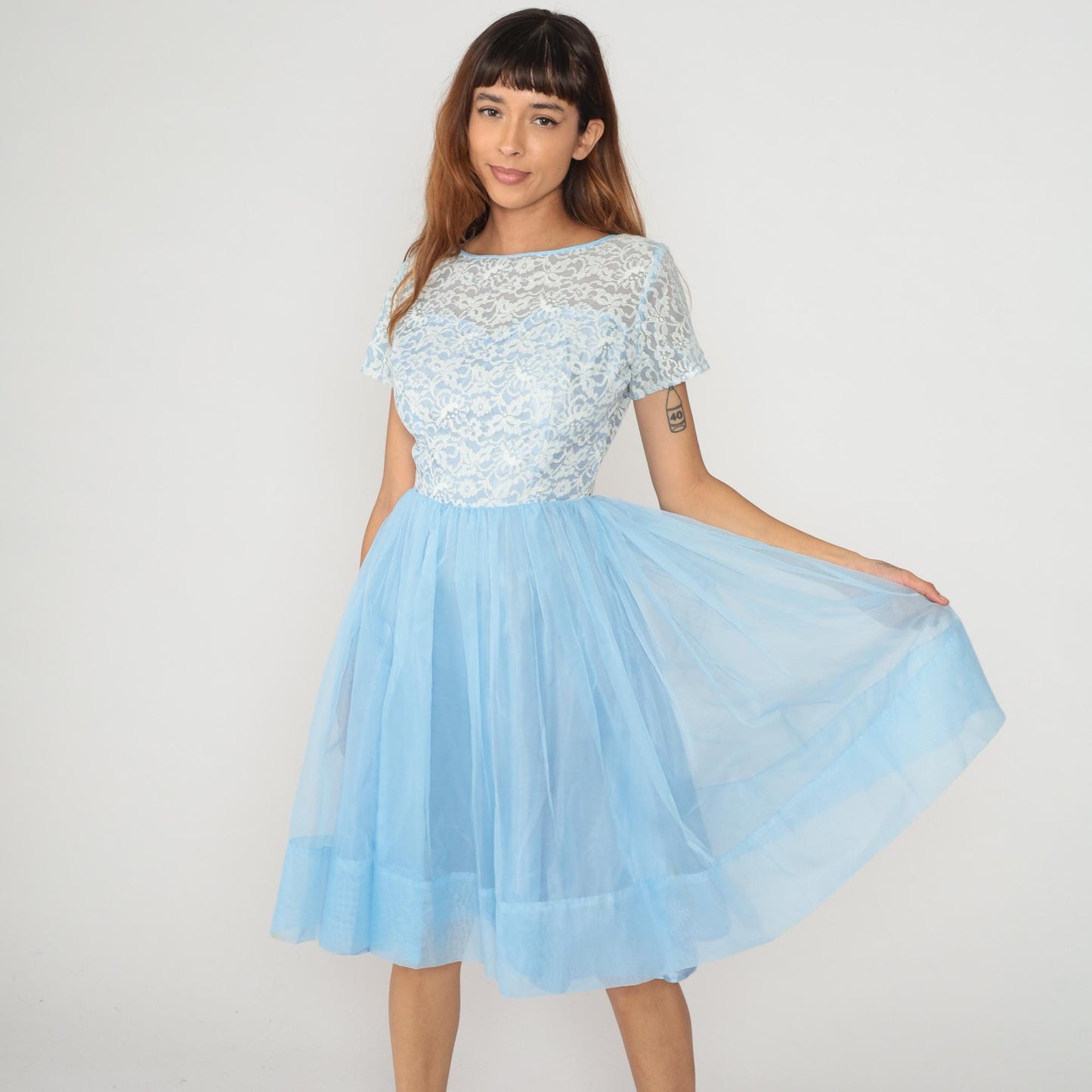 60s Light Blue Floral Lace Party Dress White Overlay Chiffon Skirt Small