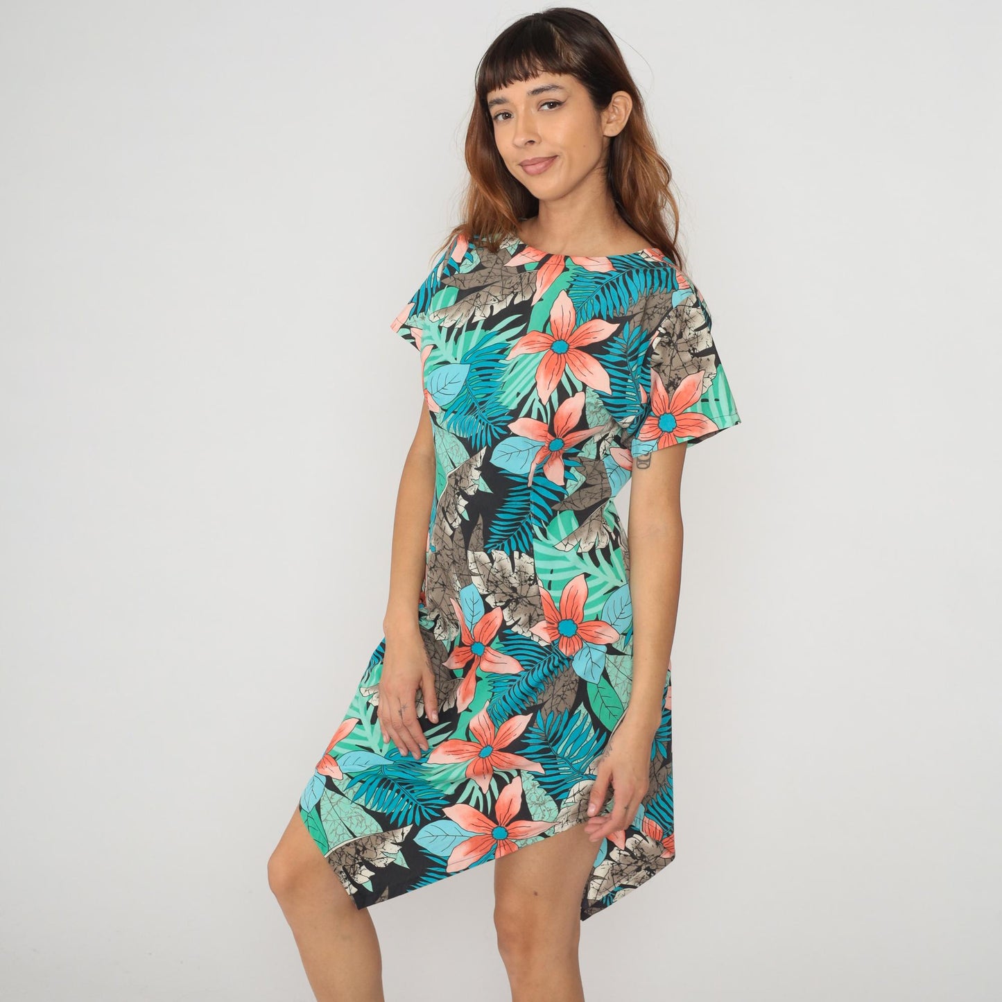 80s Tropical Palm Leaf Floral Asymmetrical Dress Coral Teal Cotton Small