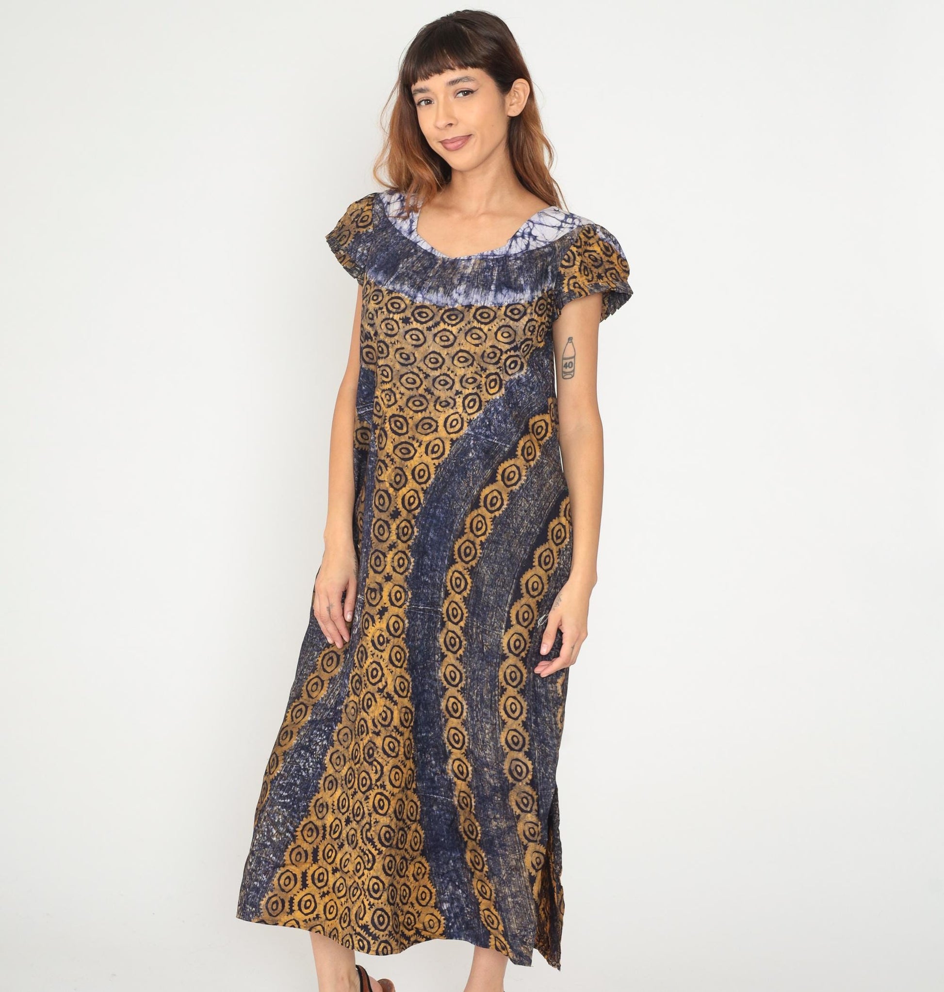 Y2K Tie Dye Blue White Maxi Dress Gold Circular Print Cap Sleeve Medium M