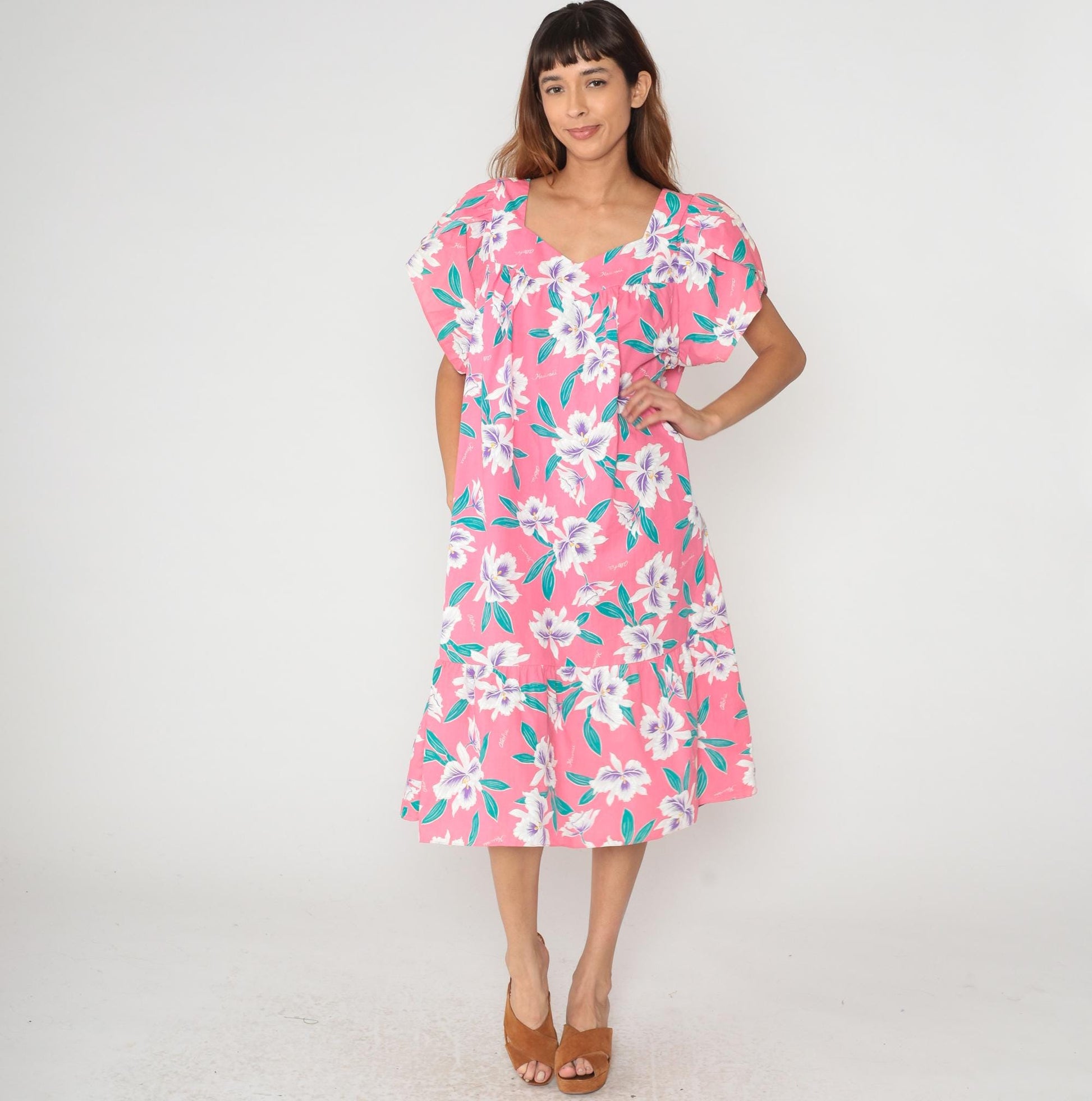 80s Pink Hawaiian Floral Dress V-Neck Flutter Sleeve Knee Length Plus Size XXL