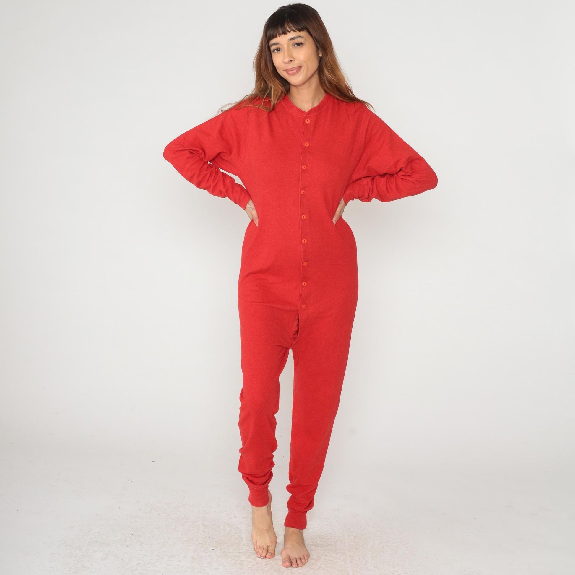 L.L. Bean 80s Red Thermal Union Suit Cotton Wool Ribbed Crew Neck Medium
