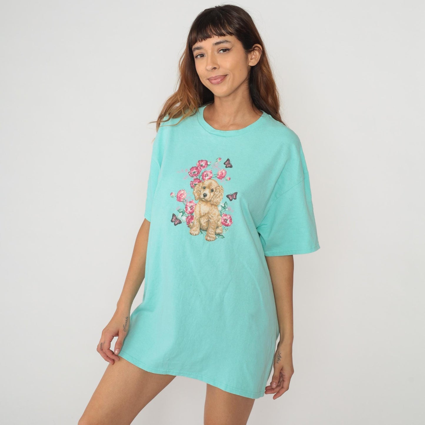 90s Cocker Spaniel Puppy Graphic Tee Turquoise Floral Butterfly Cotton Extra Large XL