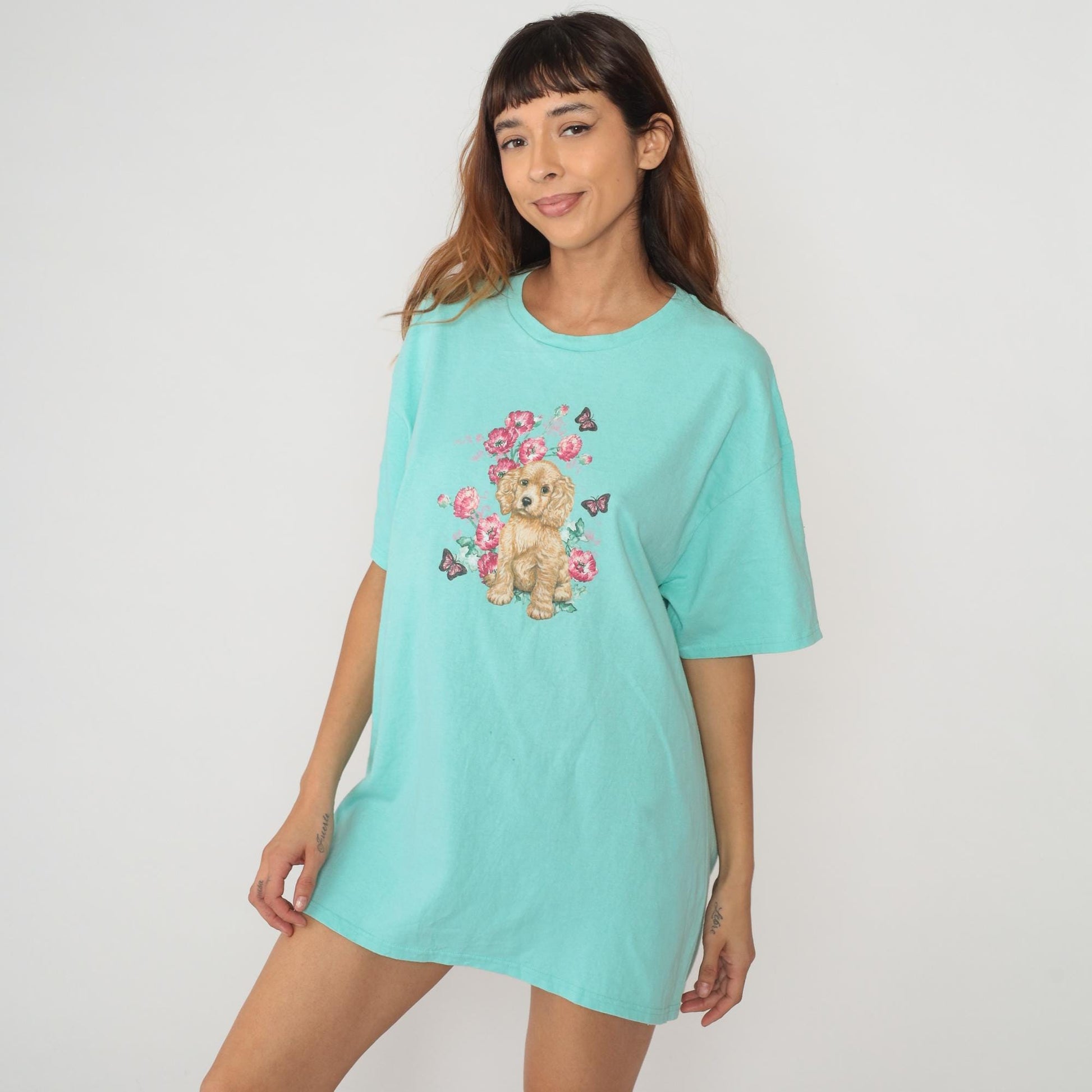 90s Cocker Spaniel Puppy Graphic Tee Turquoise Floral Butterfly Cotton Extra Large XL