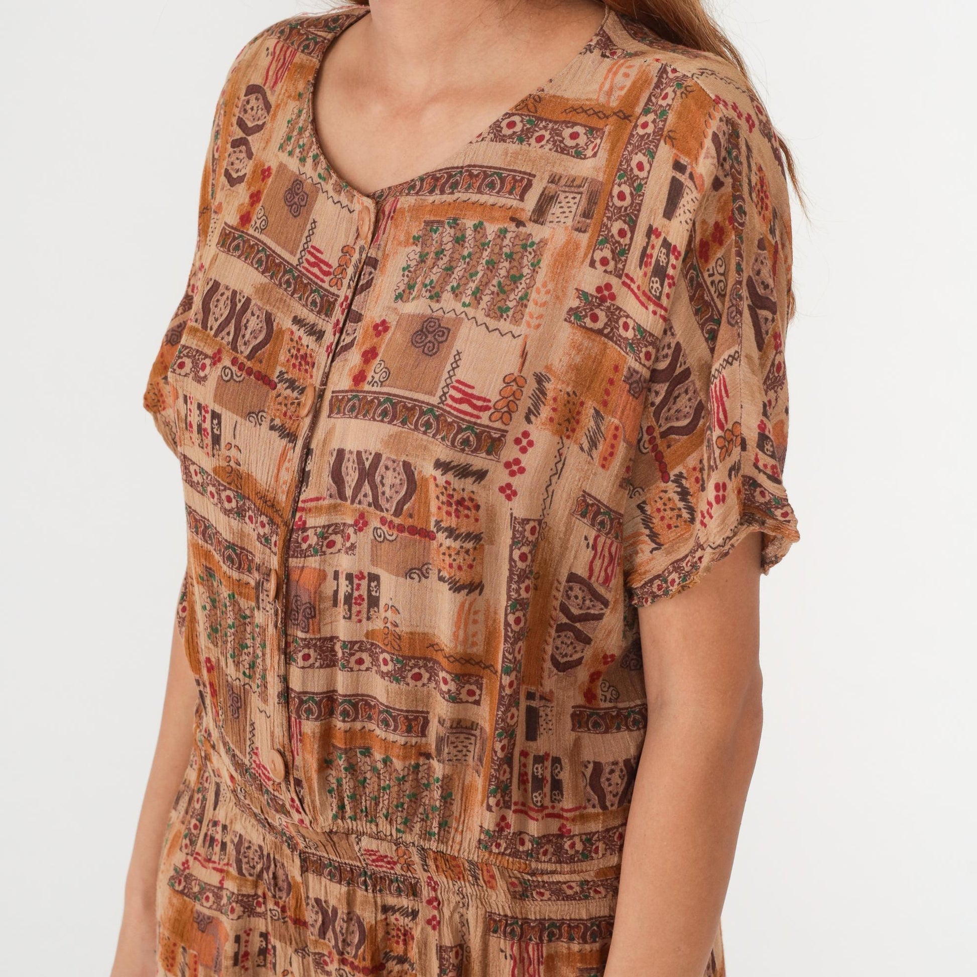 90s Rafael Patchwork Romper Ethnic Print Brown Orange Large L