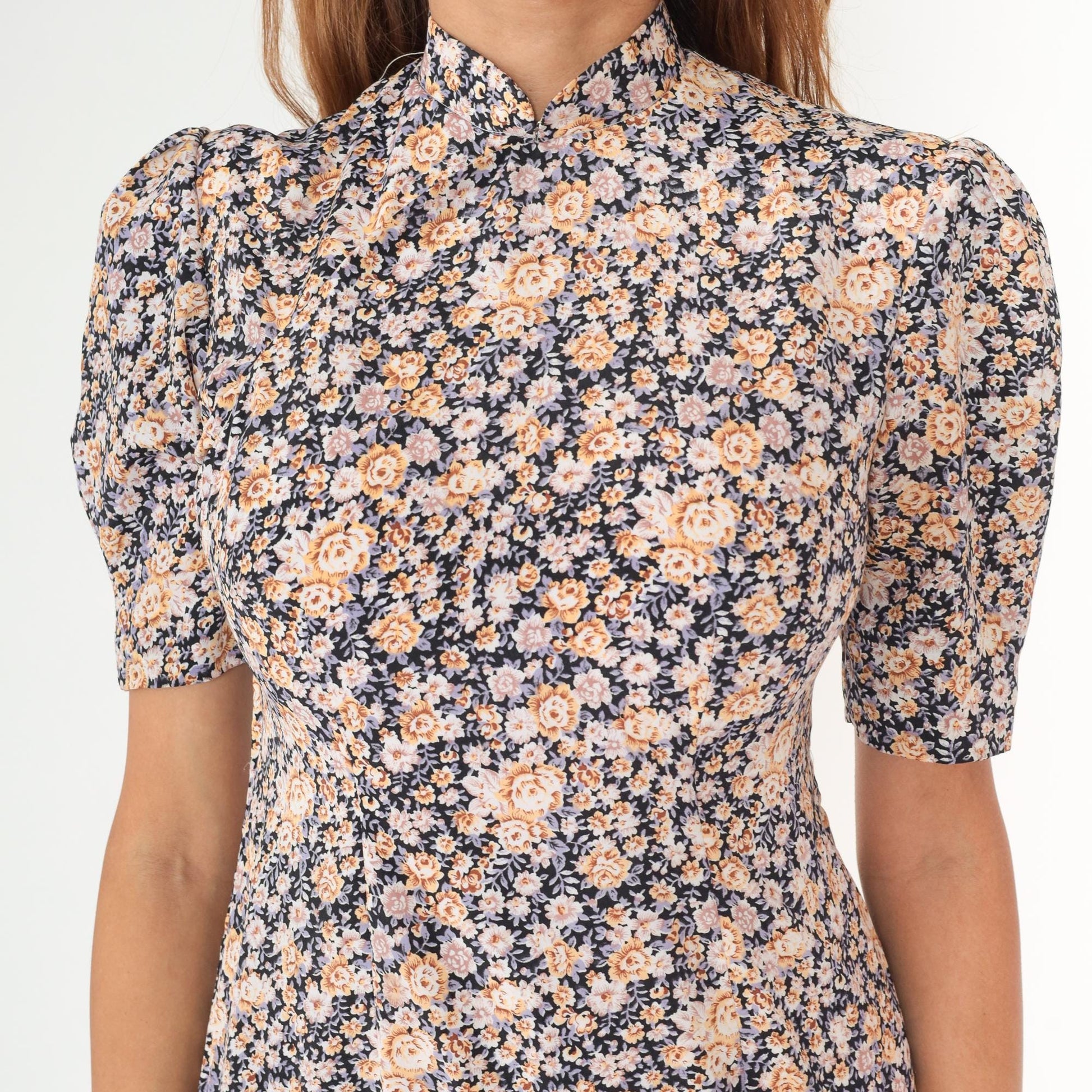 90s Floral Midi Dress Mandarin Collar Puff Sleeve Navy Peach Small