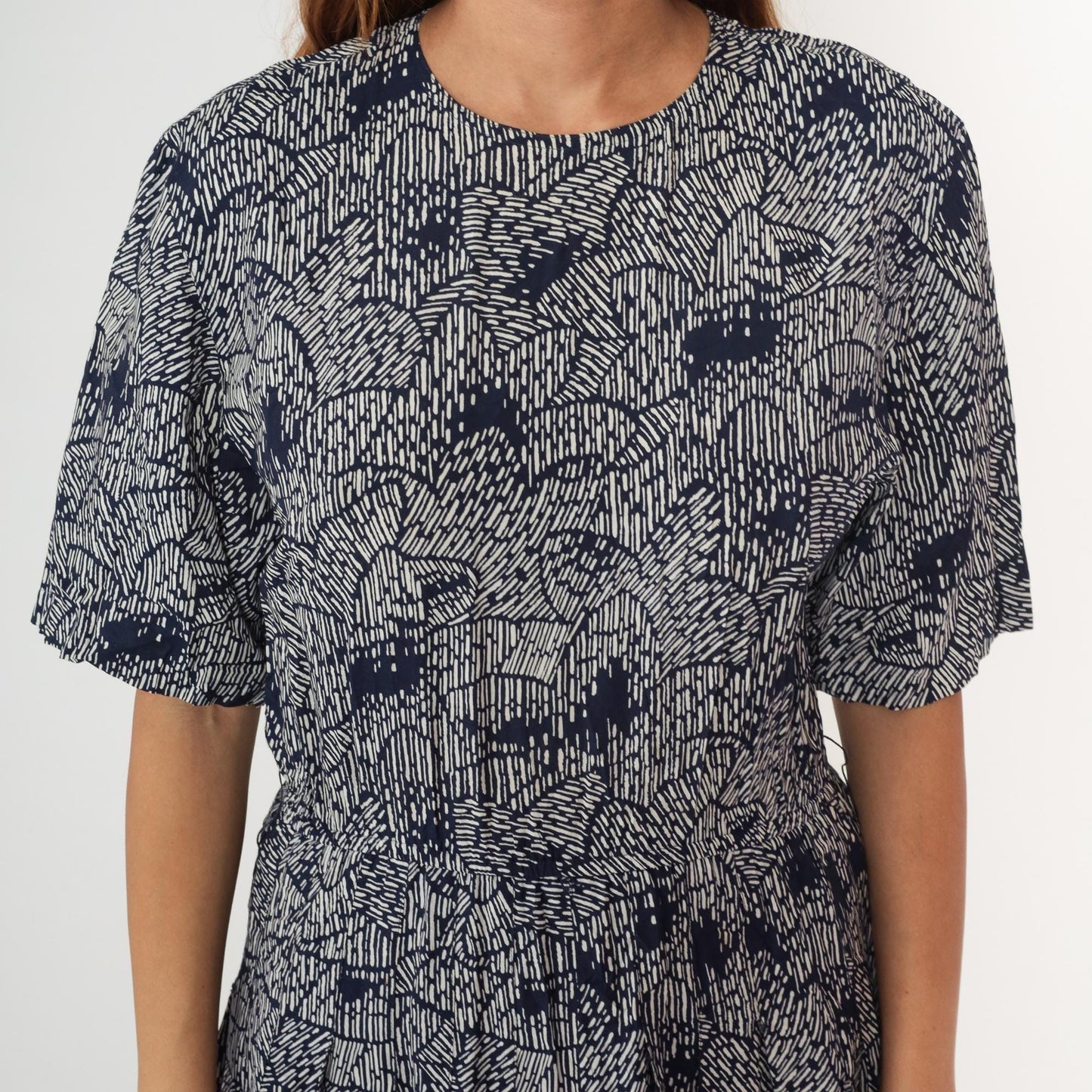 80s Ms Claus Navy White Geometric Abstract Print Midi Dress Medium